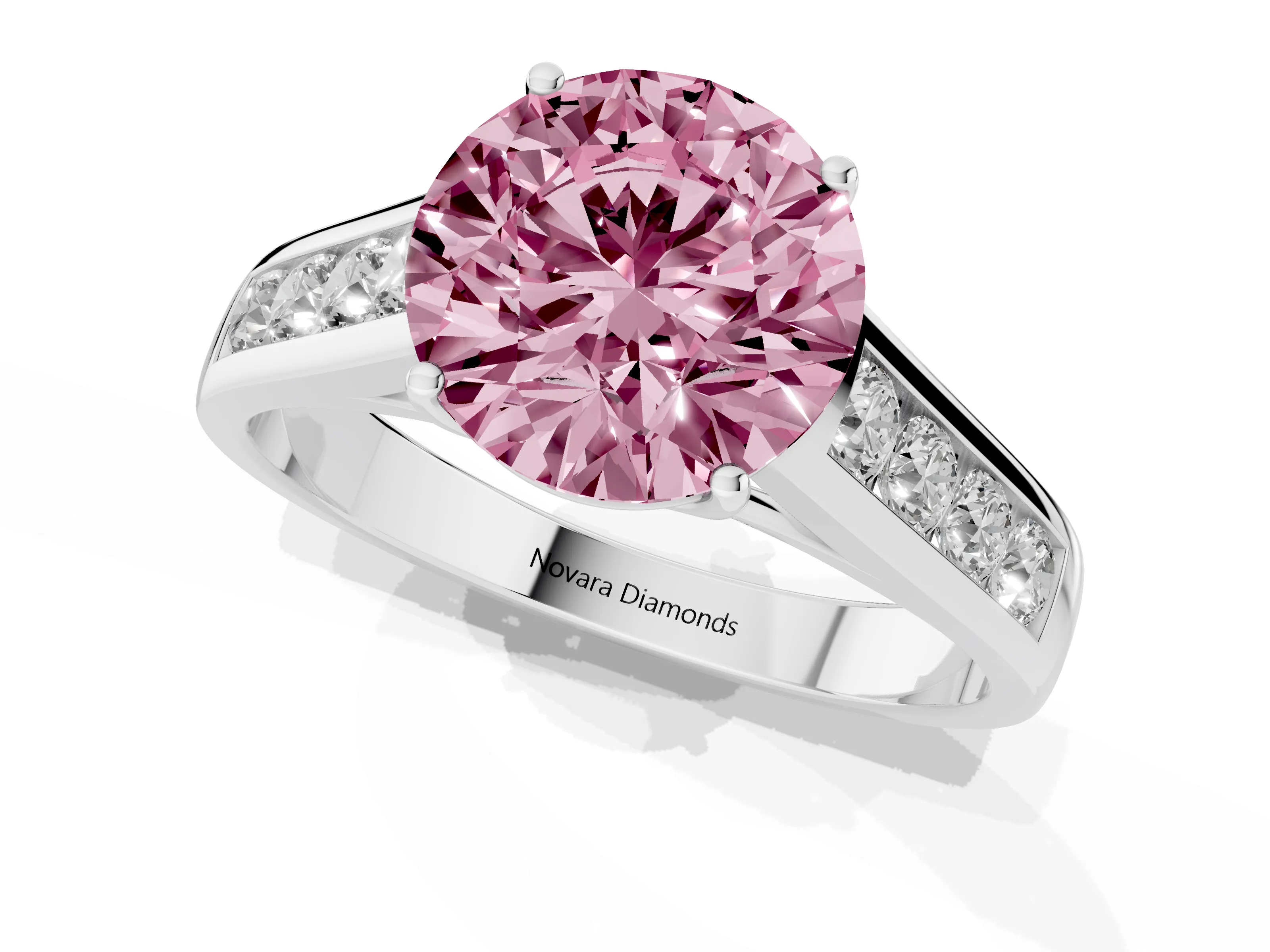 Fancy Pink Round Cut Diamond Solitaire Channel-Set Engagement Ring Set in Silver with Prong Setting