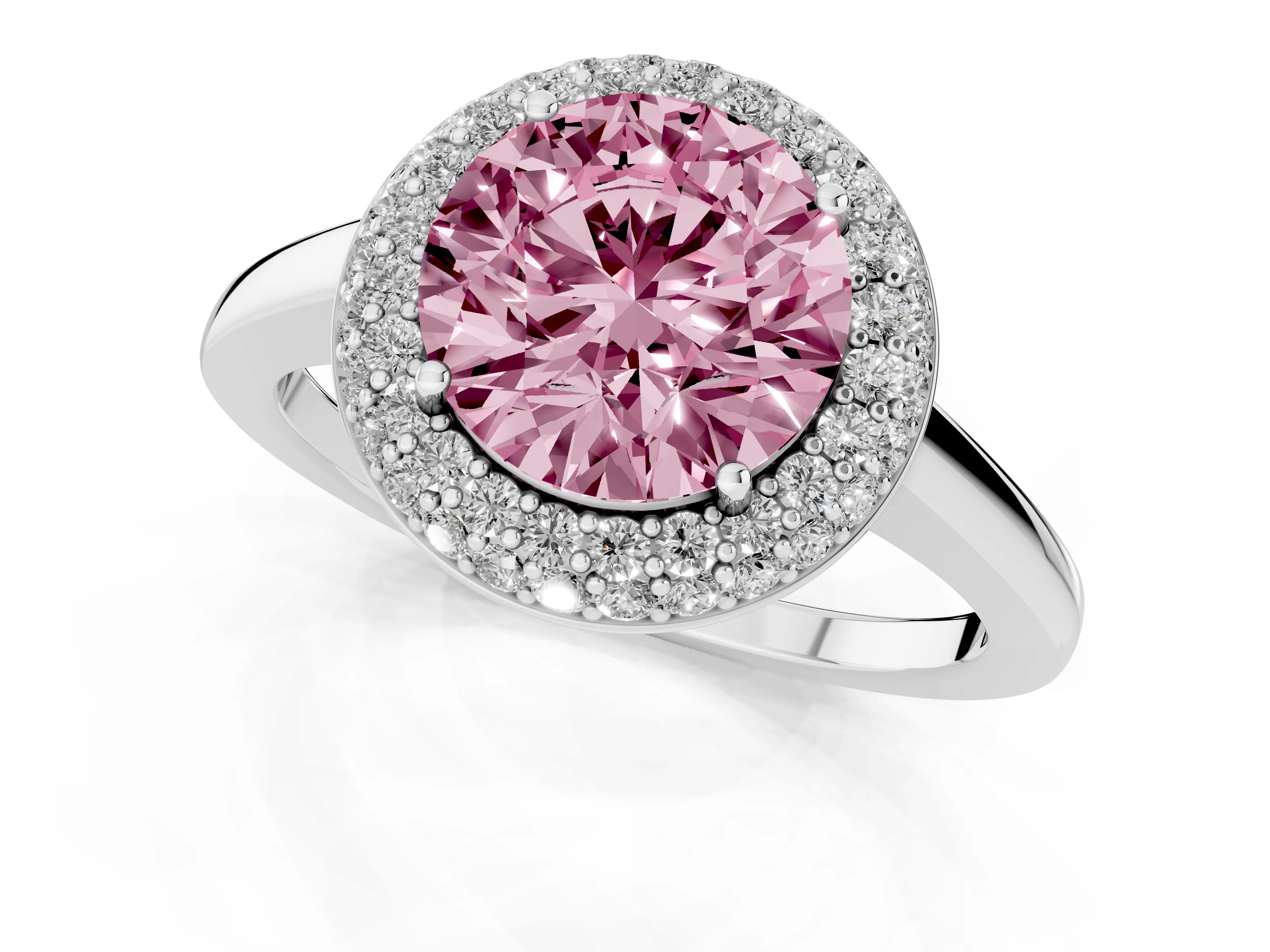 Fancy Pink Round Cut Diamond Halo Engagement Ring Set in White gold with Solitaire Band and Prong Setting