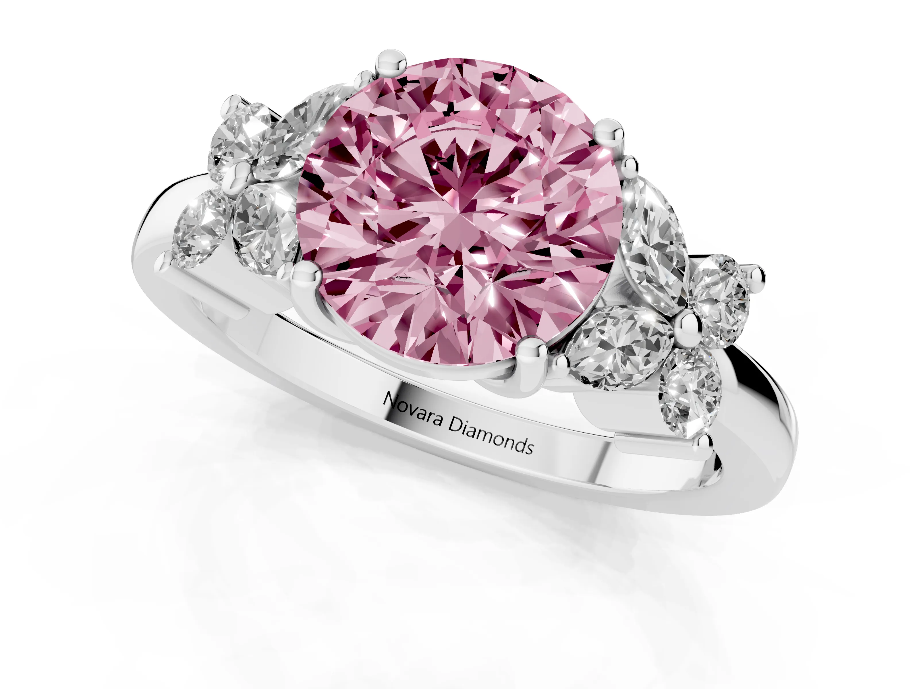 Fancy Pink Round Cut Diamond Floral Cluster Ring Set in Platinum with Marquise Petals and Prong Setting