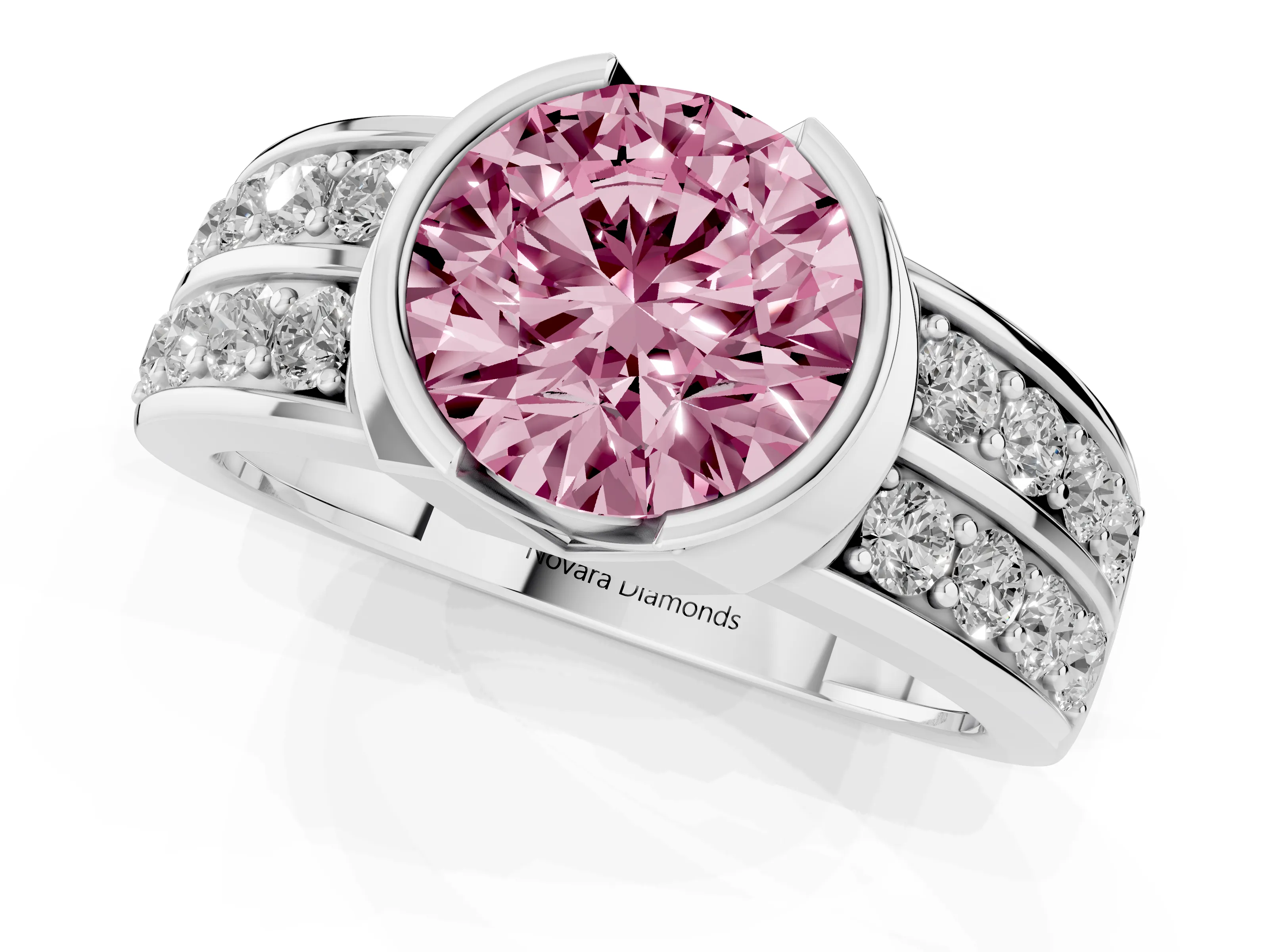 Fancy Pink Round Cut Diamond Wide Channel Set Band Ring Set in Silver with Bezel Setting