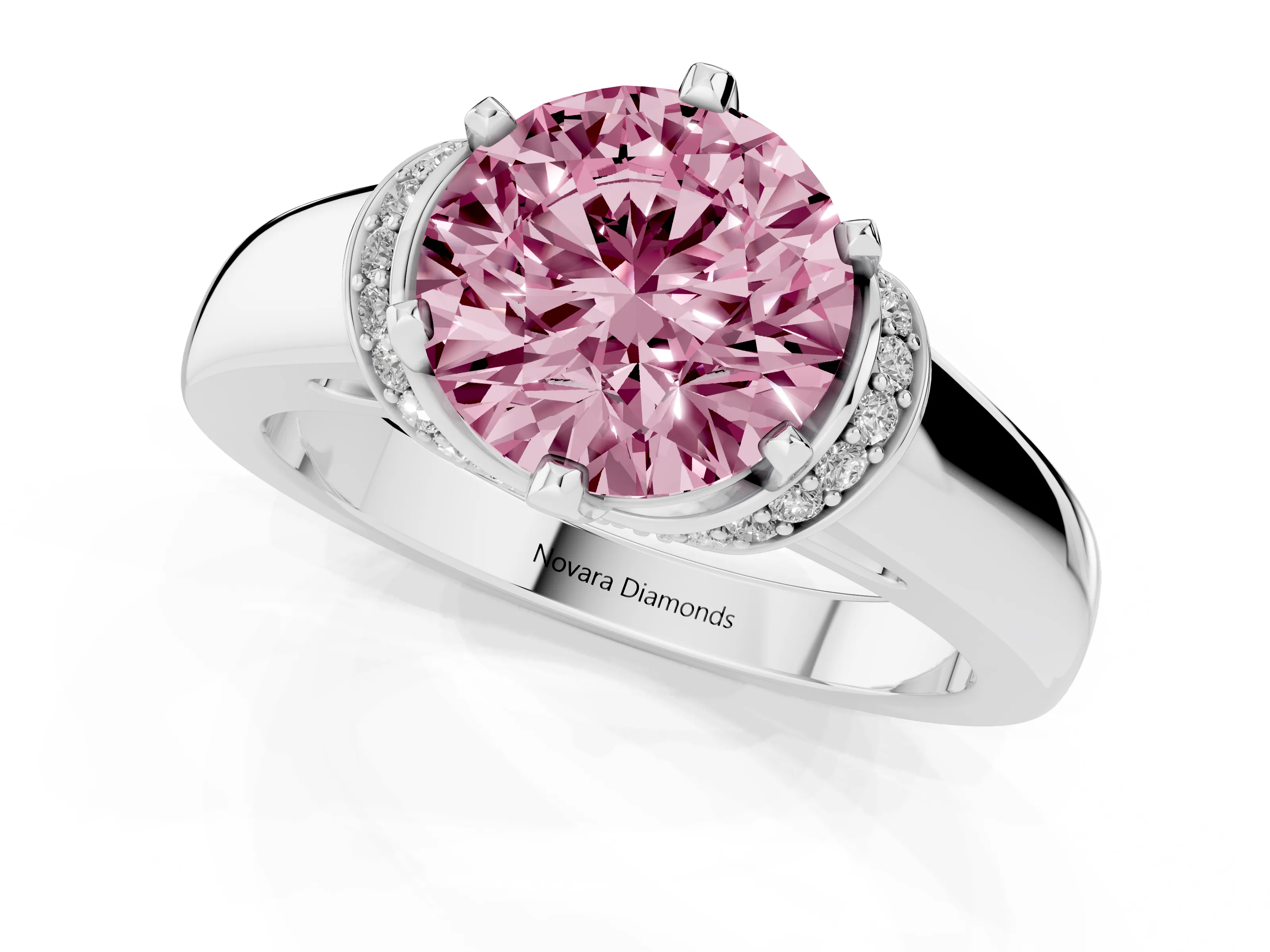 Fancy Pink Round Cut Diamond Pavé Band Solitaire Ring Set in Silver with Prong Setting