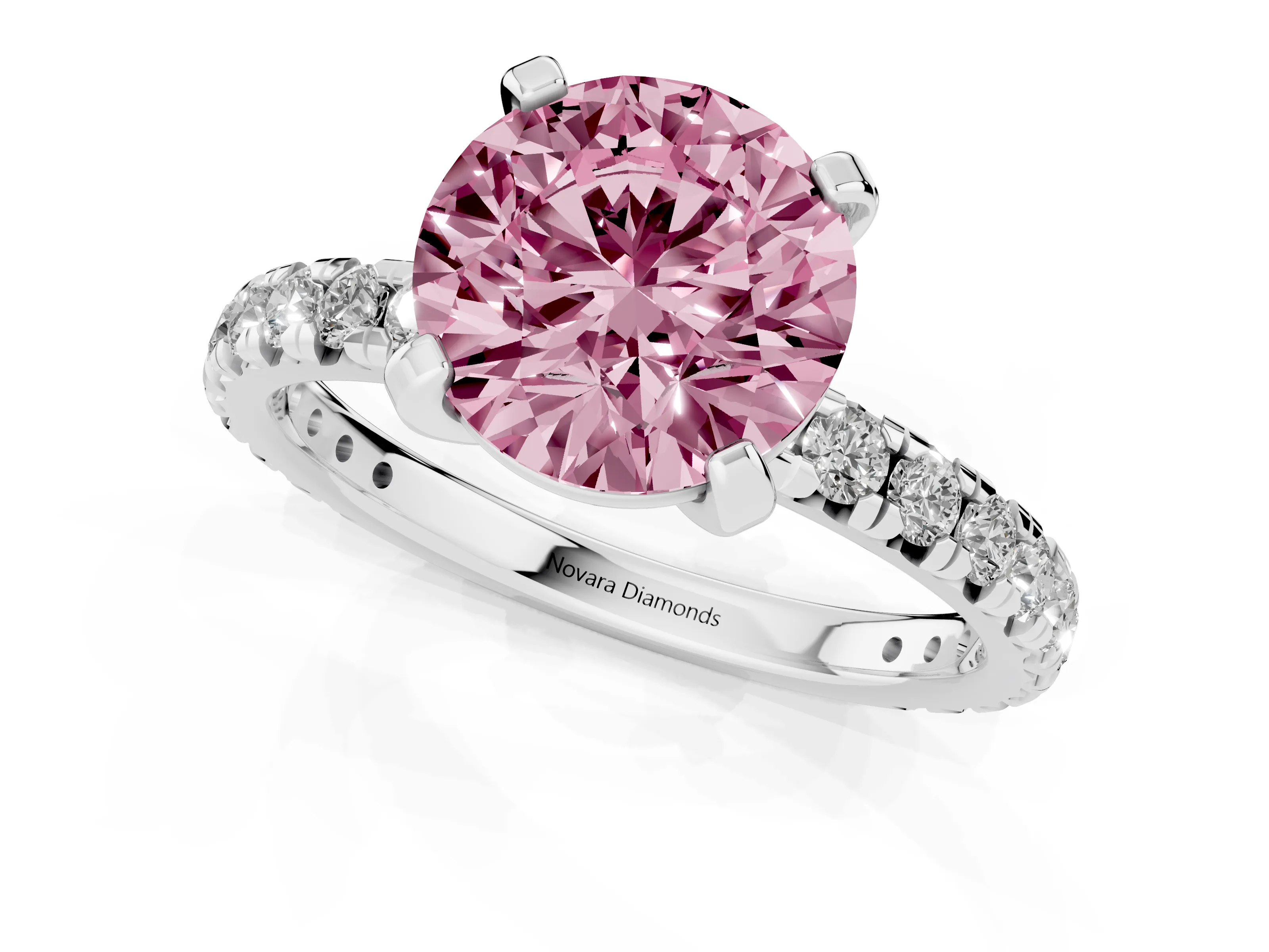 Fancy Pink Round Cut Diamond Pavé Solitaire Ring Set in Platinum with Round Band and Prong Setting
