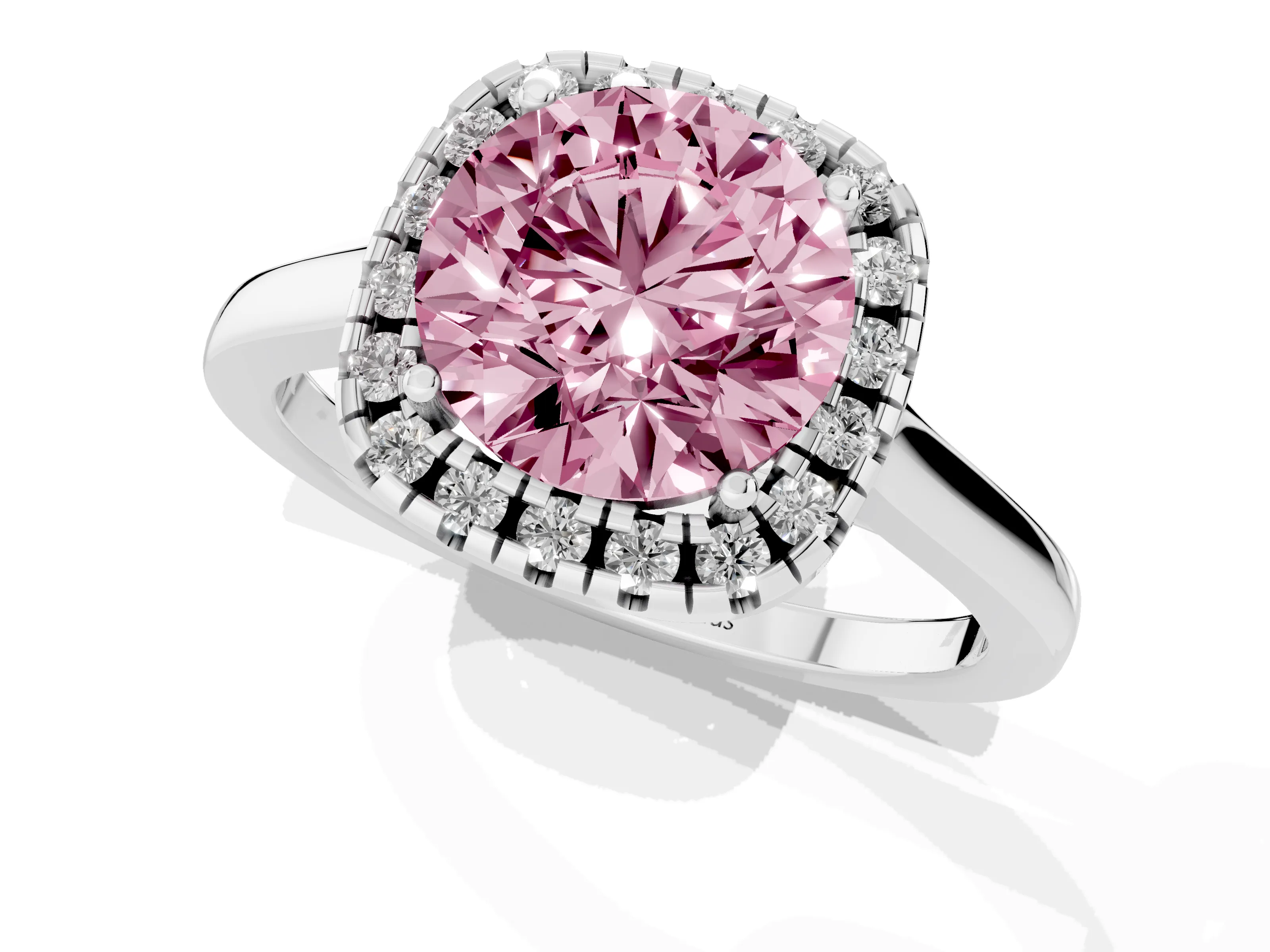 Fancy Pink Round Cut Halo Round Diamond Solitaire Ring Set in Silver with Pavé Band and Prong Setting