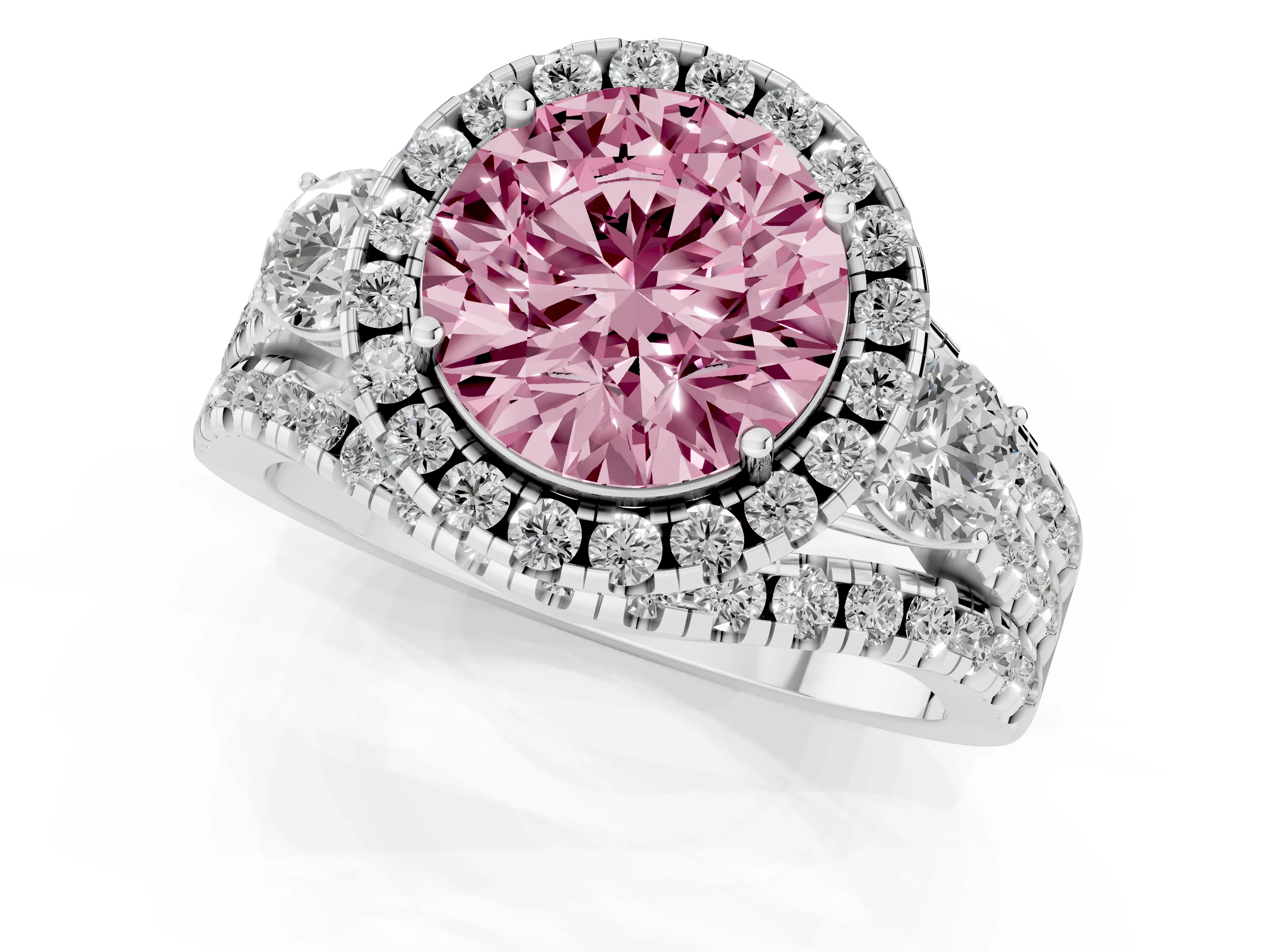 Fancy Pink Round Cut Diamond Halo Split Shank Ring Set in White gold with Round Accent Stones and Prong Setting