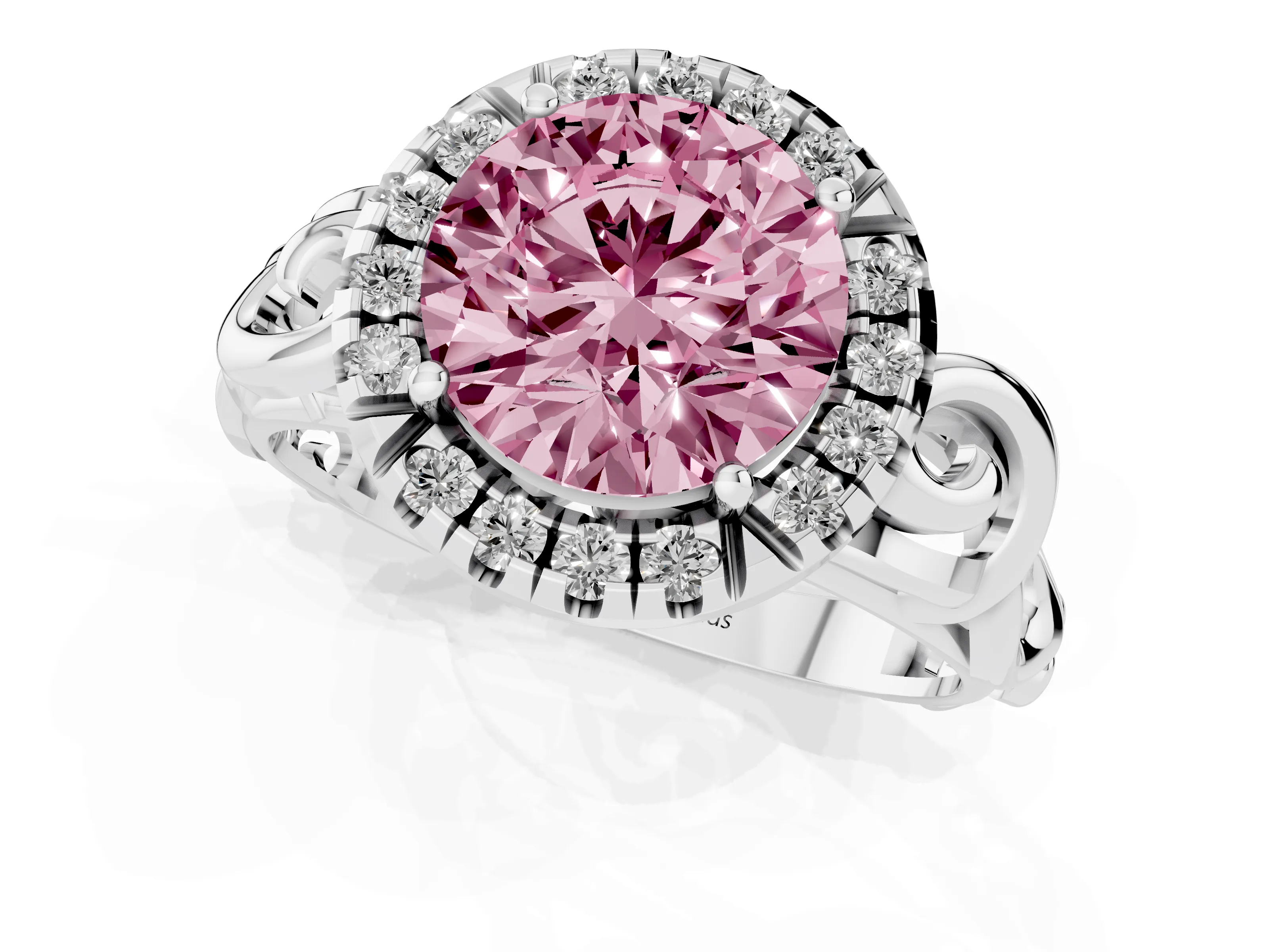 Fancy Pink Round Cut Diamond Halo Ring Set in Platinum with Scrollwork Band and Prong Setting