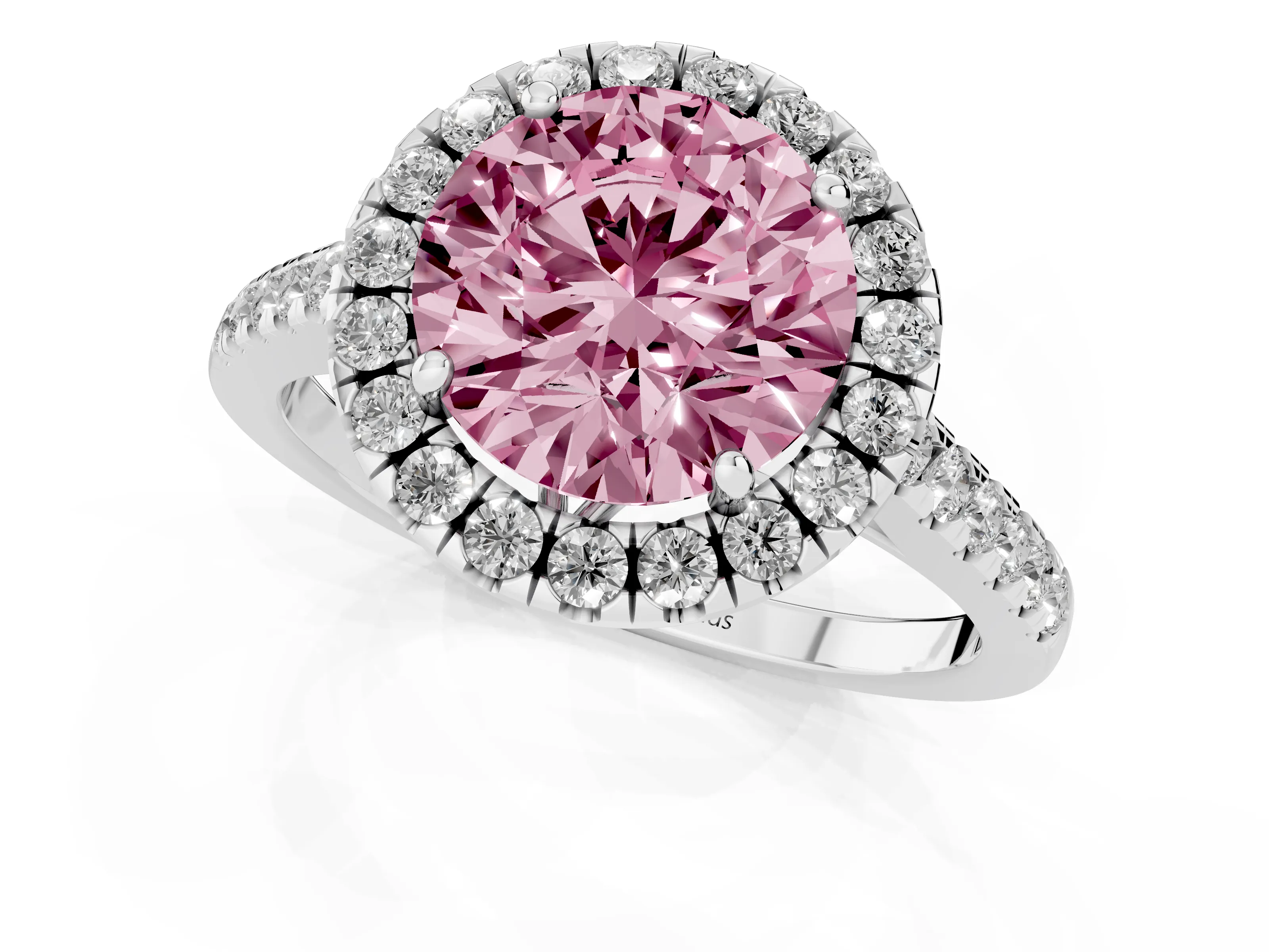 Fancy Pink Round Cut Diamond Pavé Halo Engagement Ring Set in White gold with Pavé Band and Prong Setting