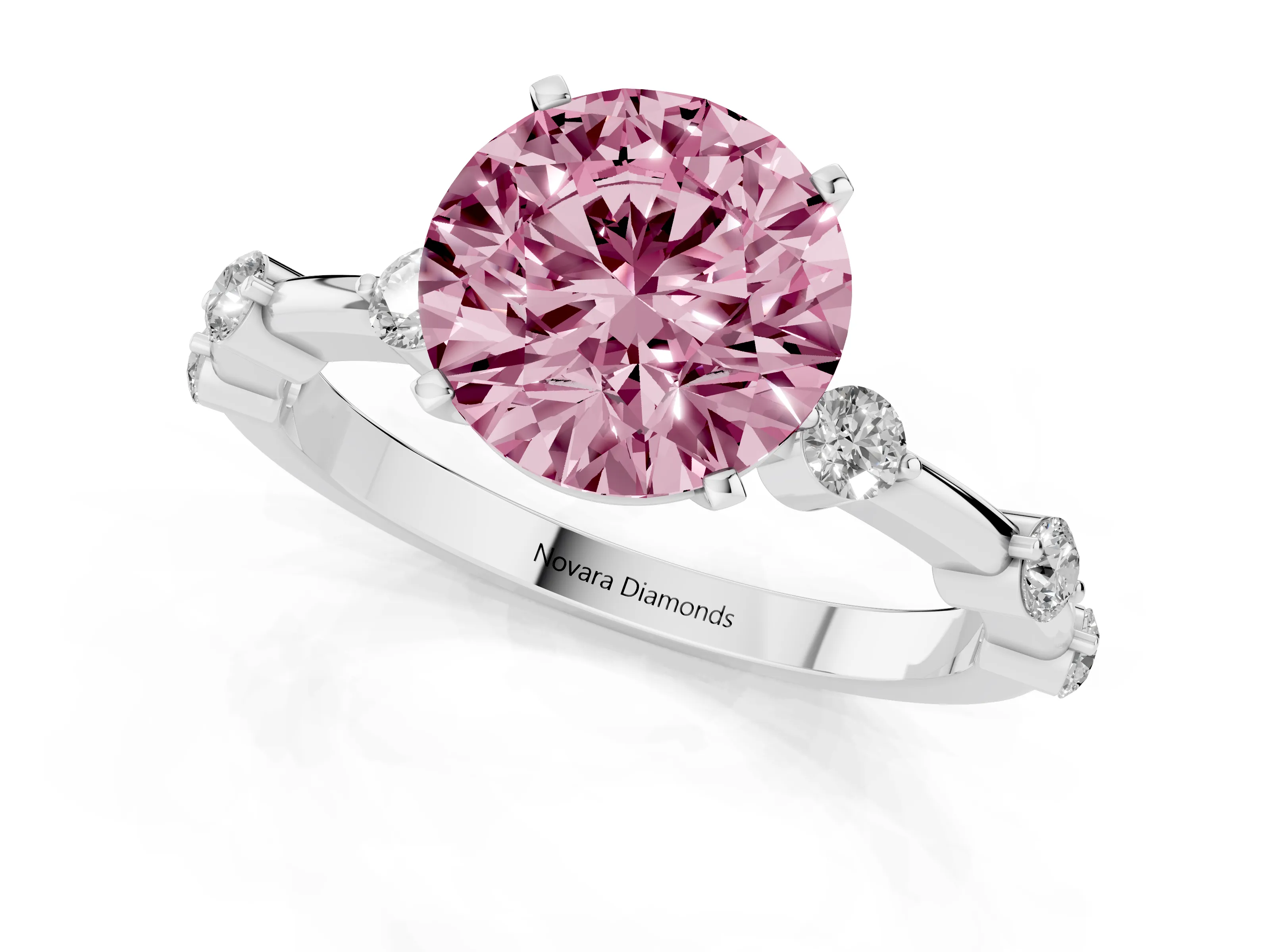Fancy Pink Round Cut Diamond Solitaire Ring Set in Silver with Bezel Set Side Stones and Prong Setting