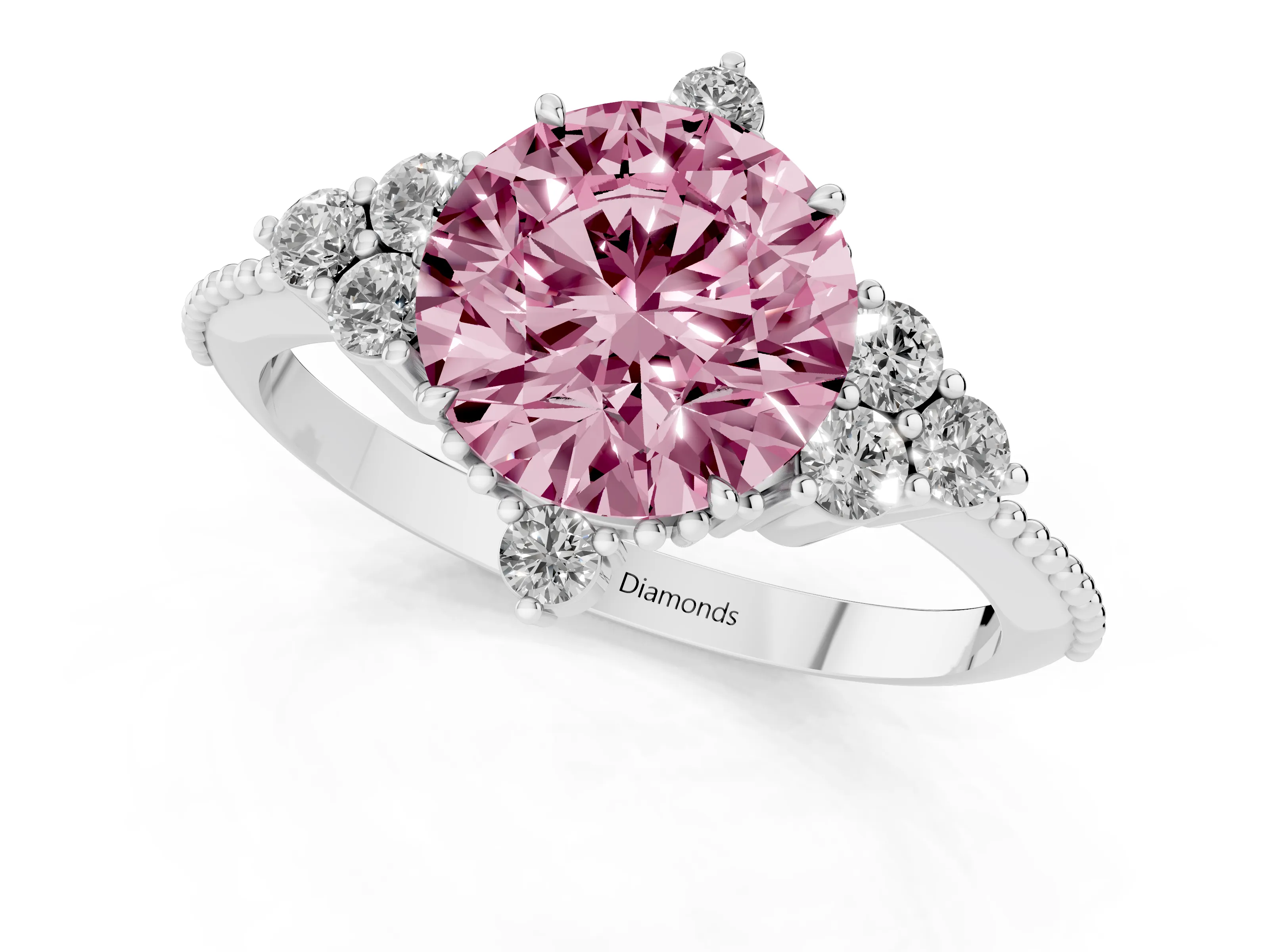 Fancy Pink Round Cut Diamond Cluster Ring Set in Silver with Beaded Band