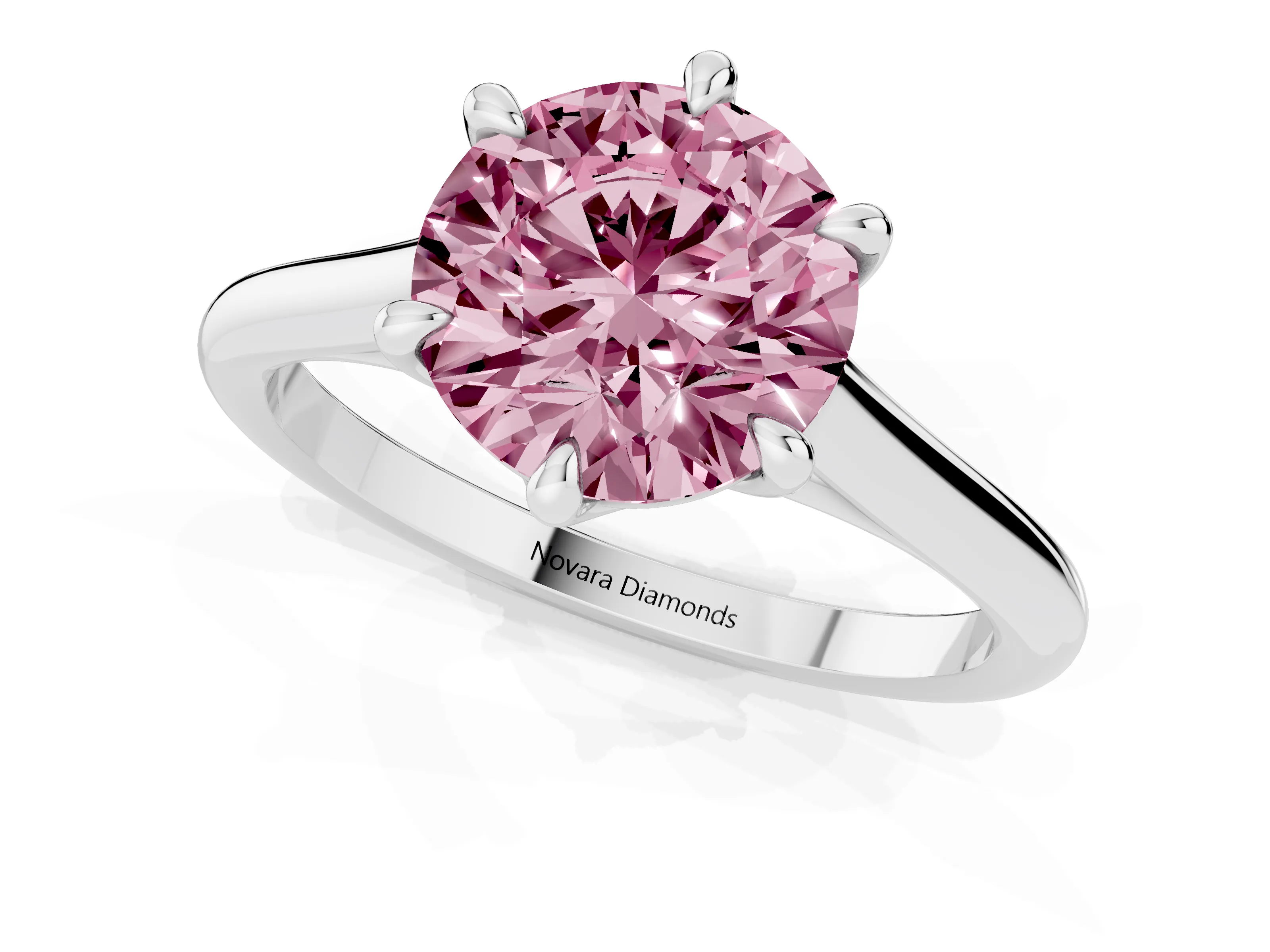 Fancy Pink Round Cut Diamond Solitaire Engagement Ring Set in Platinum with Prong Setting and Plain Classic Band
