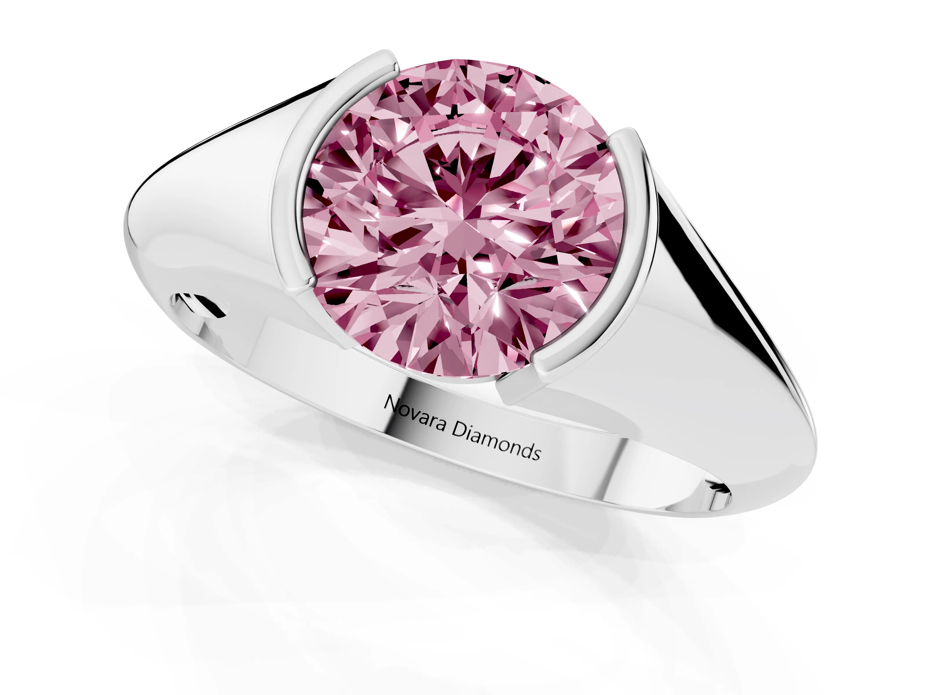 Fancy Pink Round Cut Diamond Solitaire Tension Set Ring Set in Silver