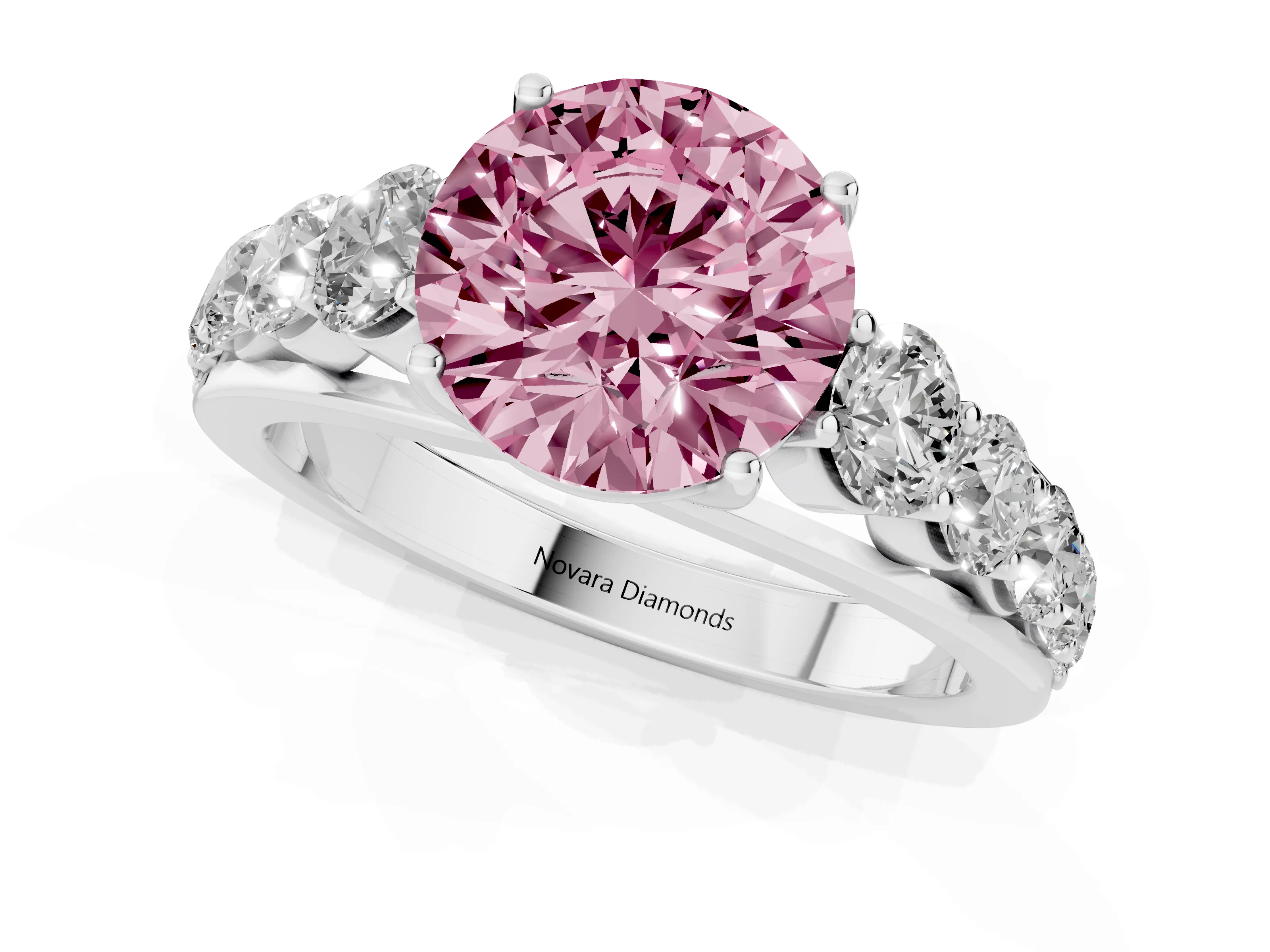 Fancy Pink Round Cut Diamond Solitaire Ring Set in White gold with Pavé-Set Band and Prong Setting