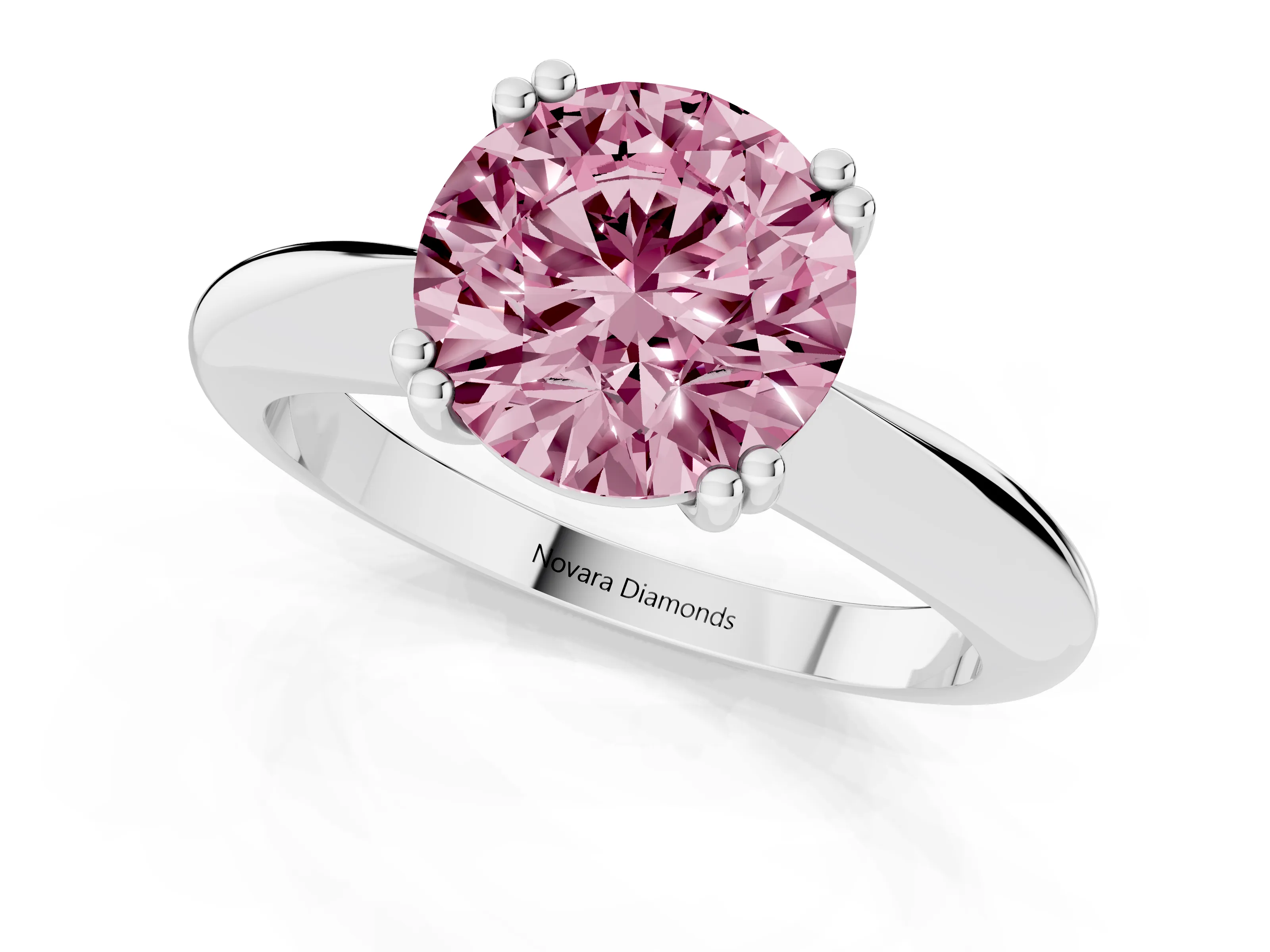 Fancy Pink Round Cut Diamond Solitaire Engagement Ring Set in White gold with Tapered Band and Prong Setting