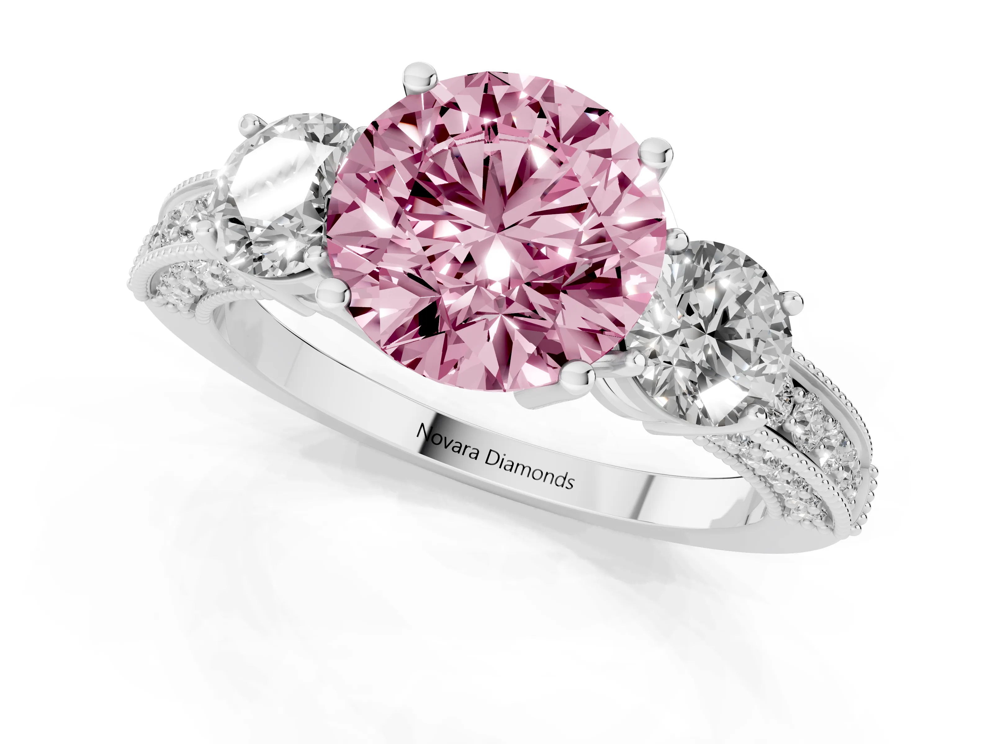 Fancy Pink Round Cut Diamond Three-Stone Ring Set in White gold with Round Side Stones and Pavé Band