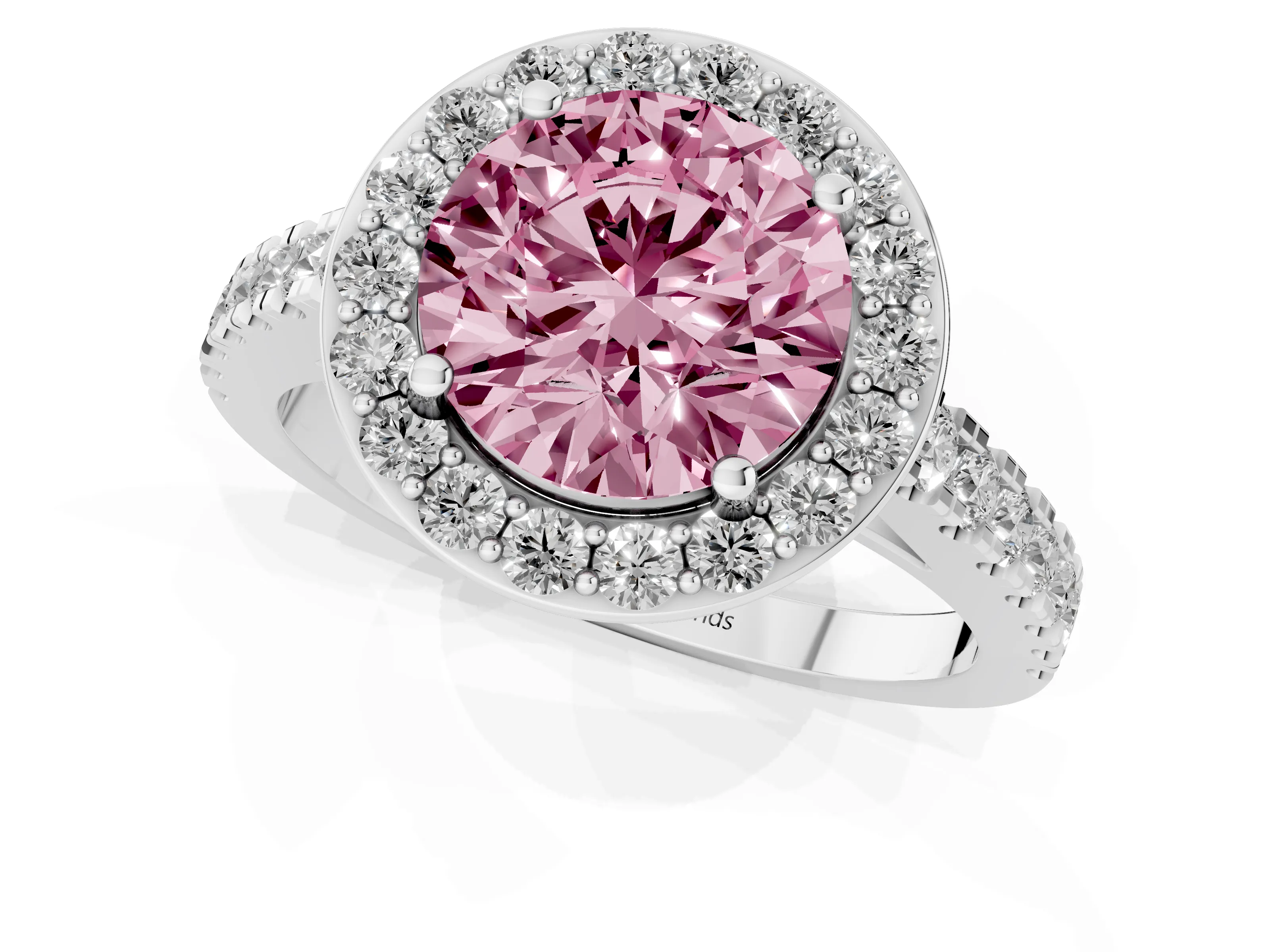 Fancy Pink Round Cut Diamond Halo Ring Set in Silver with Round Pavé Split Shank and Prong Setting