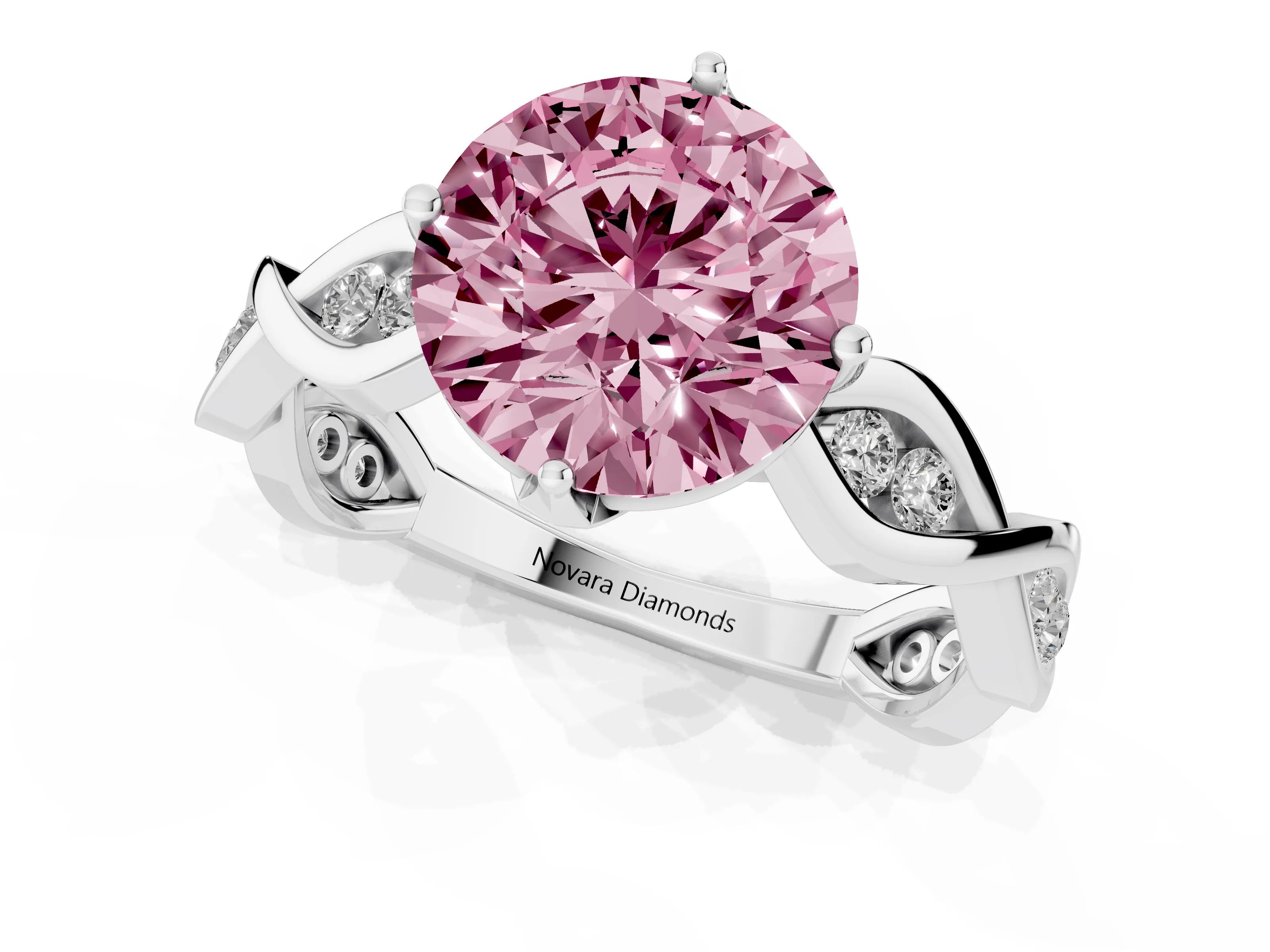 Fancy Pink Round Cut Diamond Twist Band Solitaire Ring Set in Silver with Leaf Prong Setting and Accent Stones