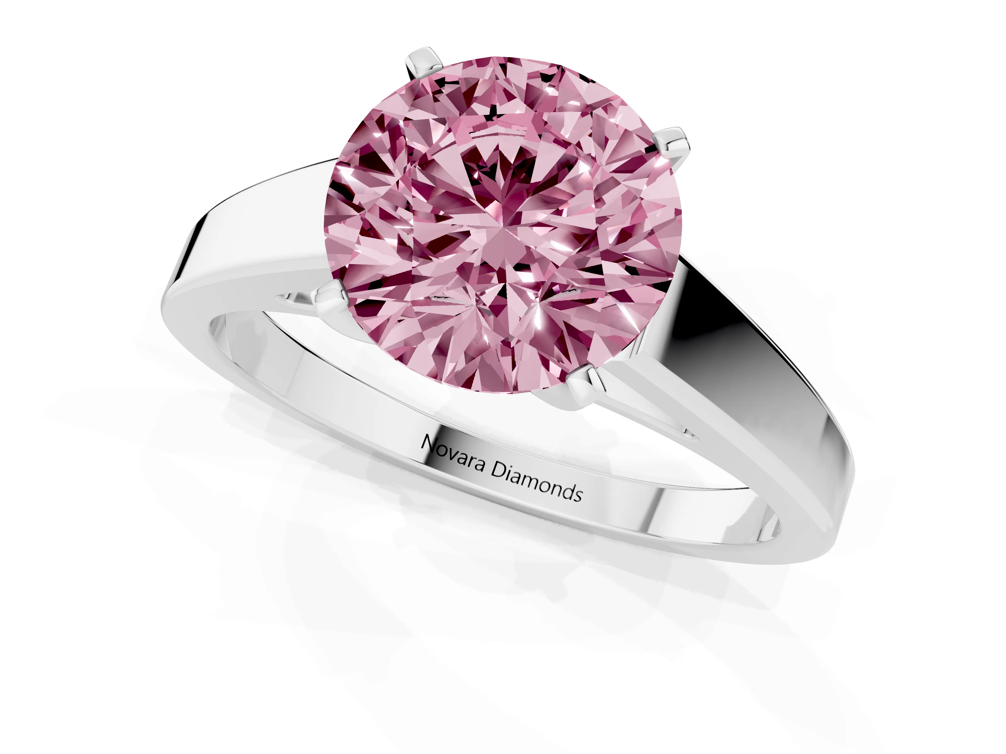 Fancy Pink Round Cut Diamond Solitaire Engagement Ring Set in White gold with Prong Setting and Tapered Band