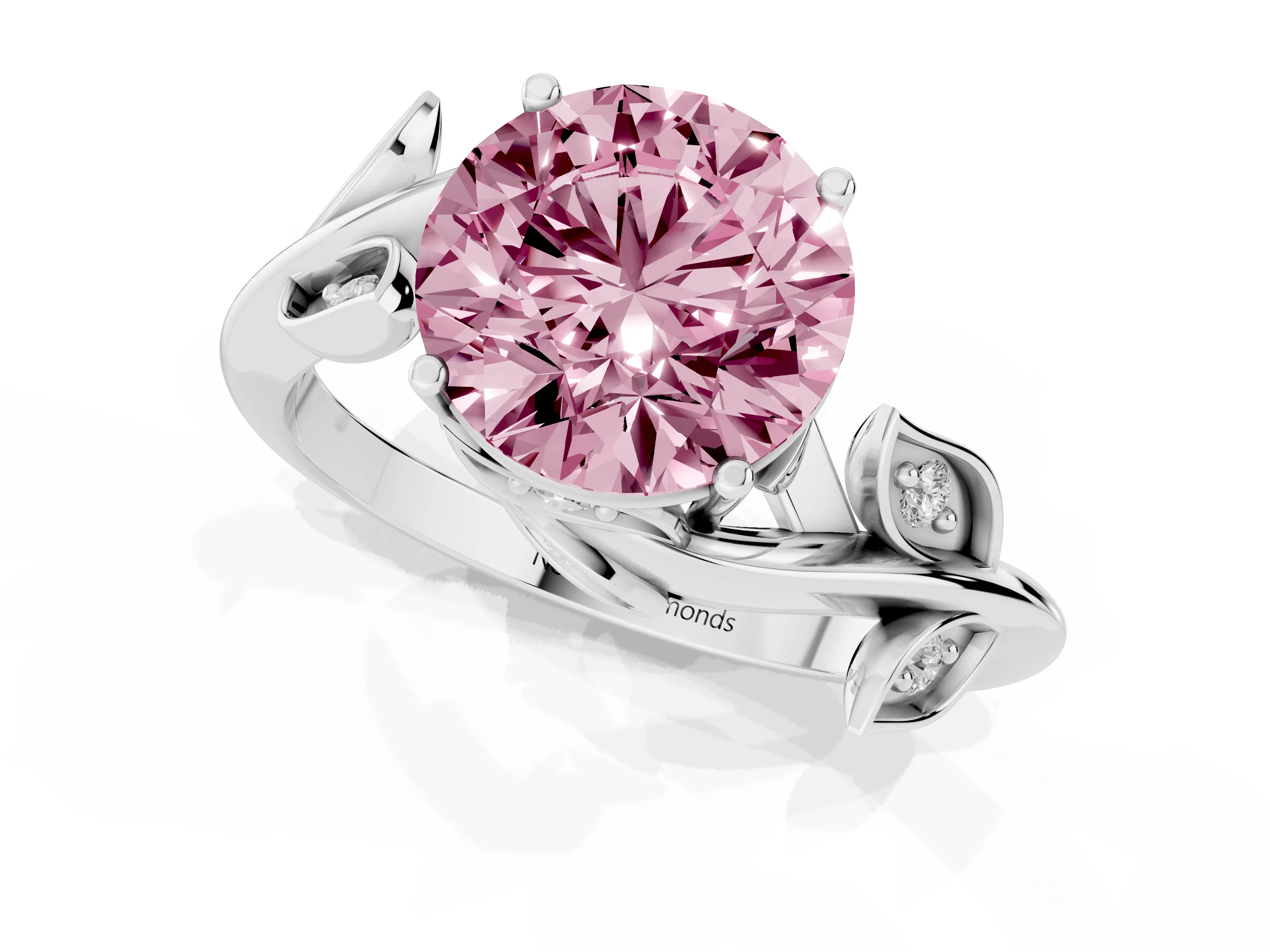 Fancy Pink Round Cut Diamond Solitaire Twist Engagement Ring Set in Platinum with Pavé Leaf Accents