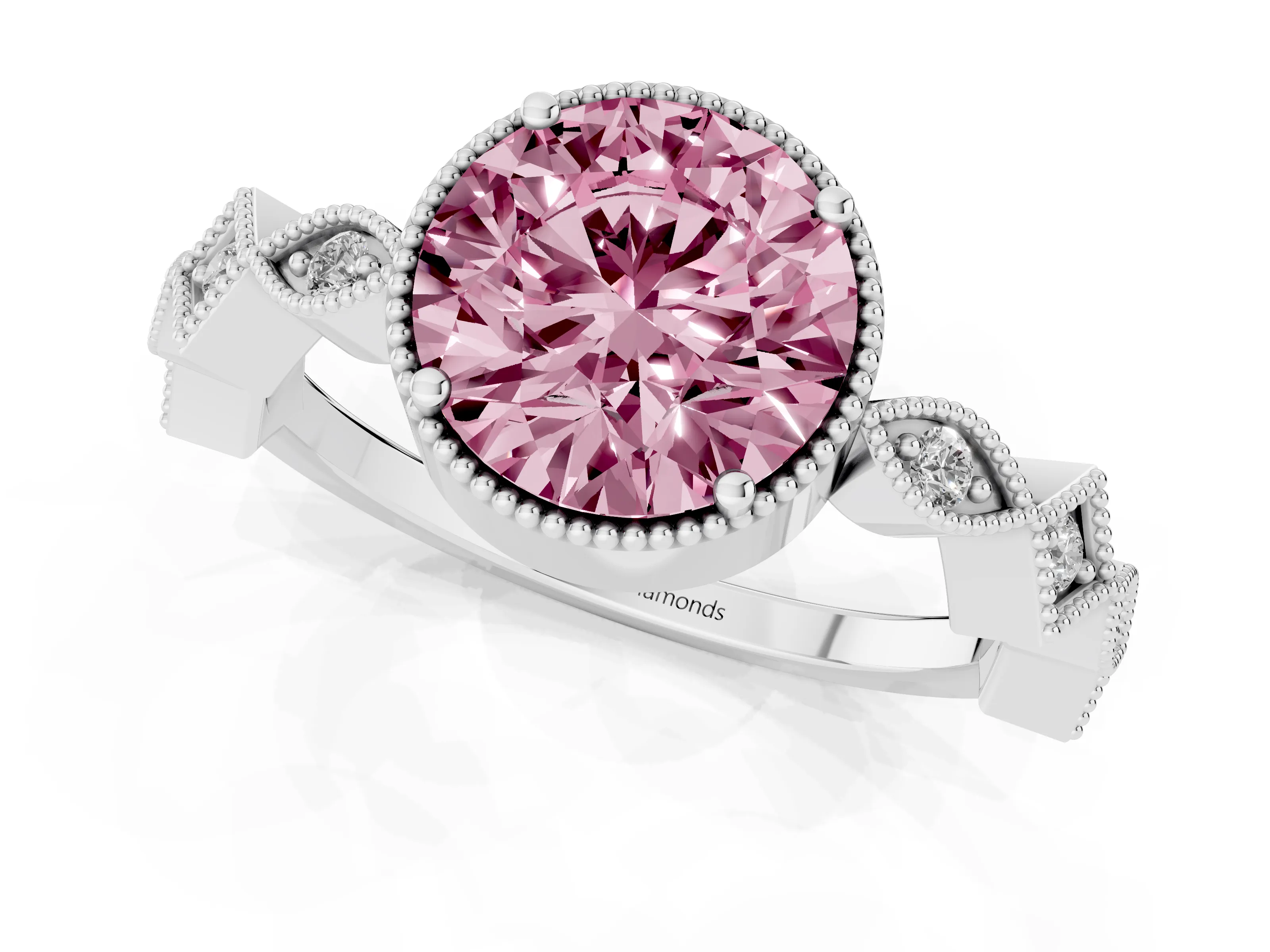 Fancy Pink Round Cut Diamond Milgrain Marquise Twist Band Ring Set in Silver with Prong Setting