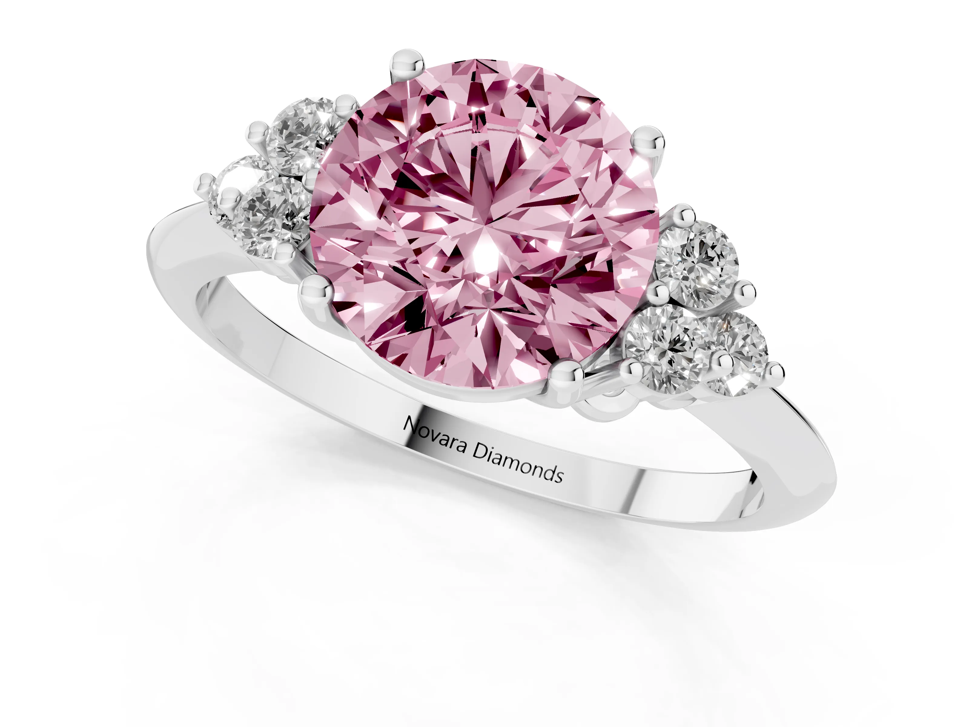 Fancy Pink Round Cut Diamond Cluster Ring Set in Silver with Plain Band and Prong Setting