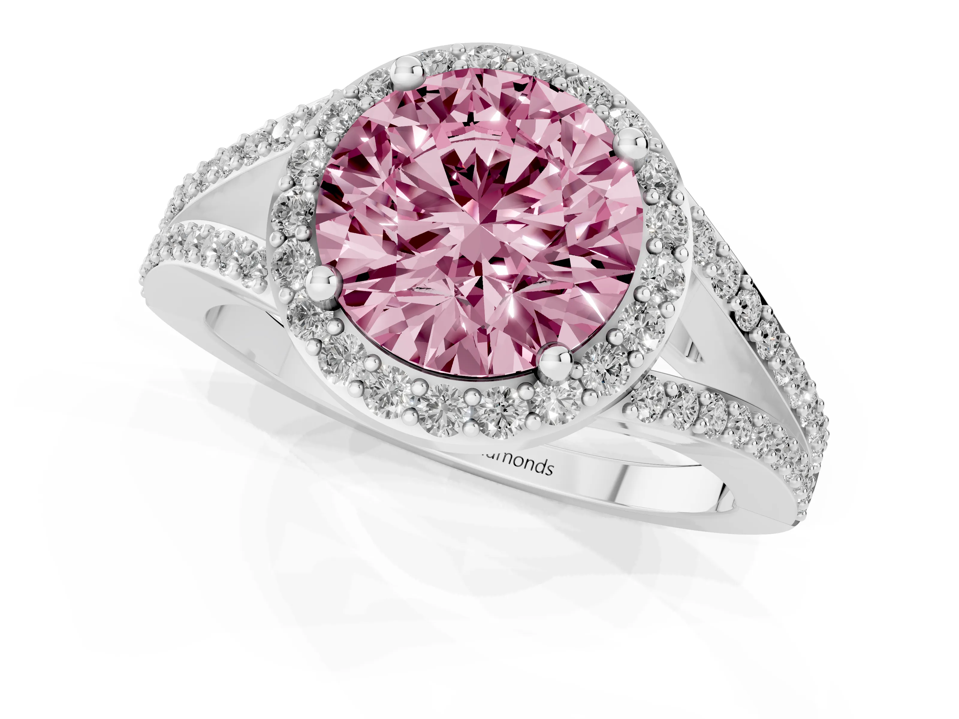 Fancy Pink Round Cut Diamond Halo Split Shank Pavé Ring Set in Platinum with Prong Setting