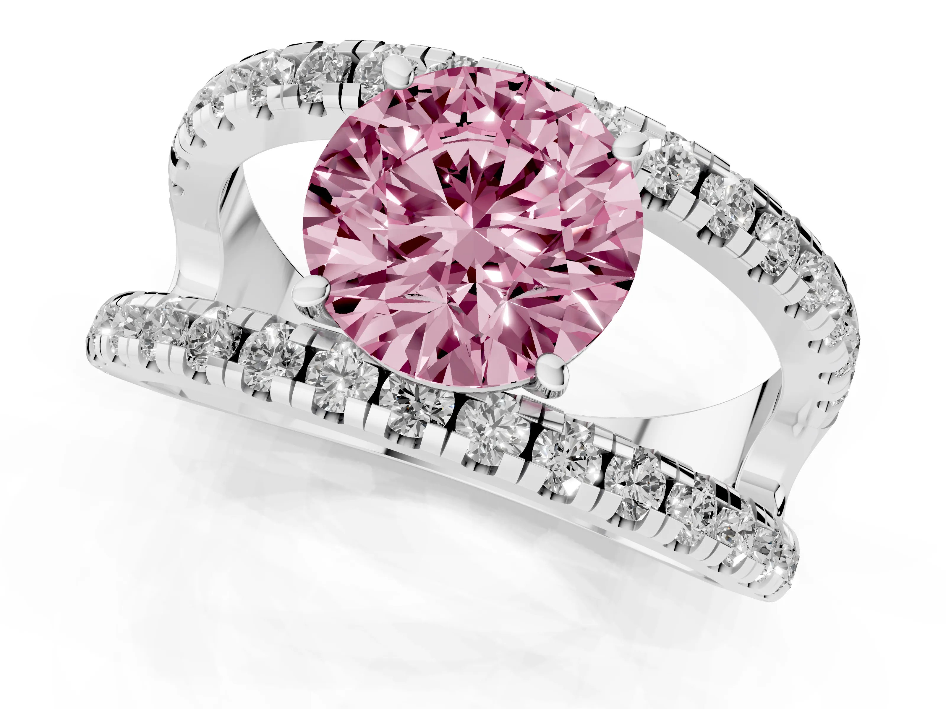 Fancy Pink Round Cut Diamond Split Shank Pavé Solitaire Ring Set in White gold with Open Shank Design