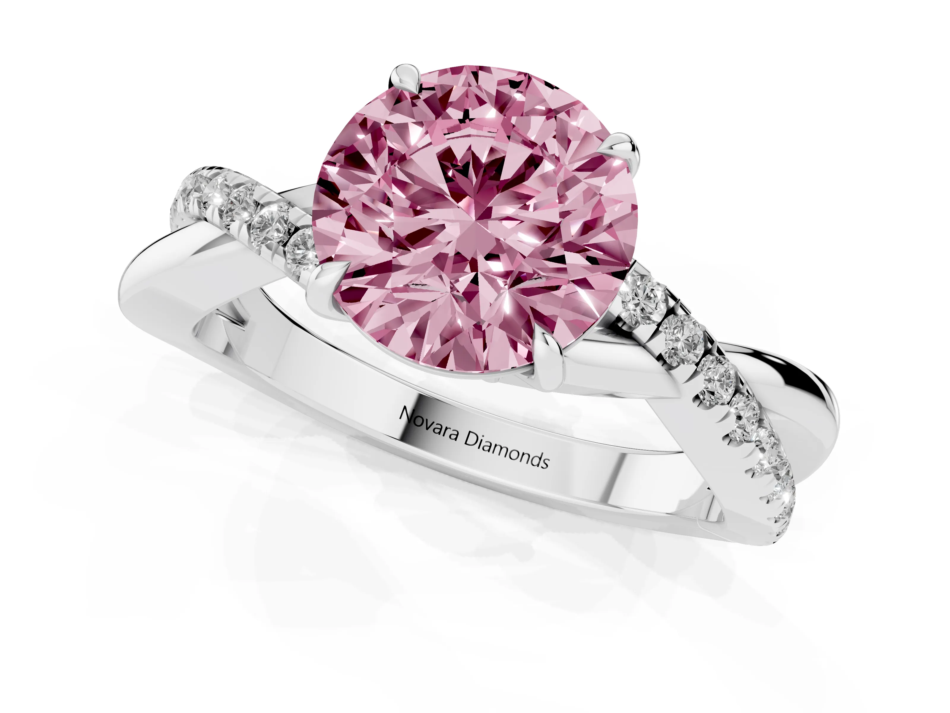 Fancy Pink Round Cut Diamond Twisted Pavé Band Ring Set in Silver with Prong Setting