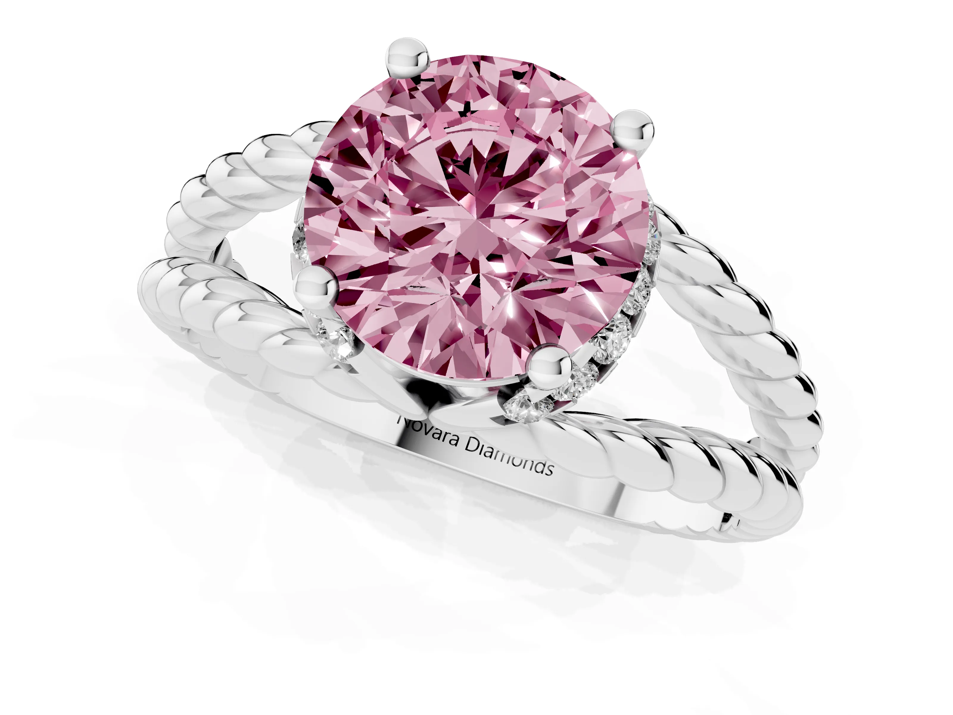 Fancy Pink Round Cut Diamond Halo Ring Set in White gold with Twisted Band and Prong Setting