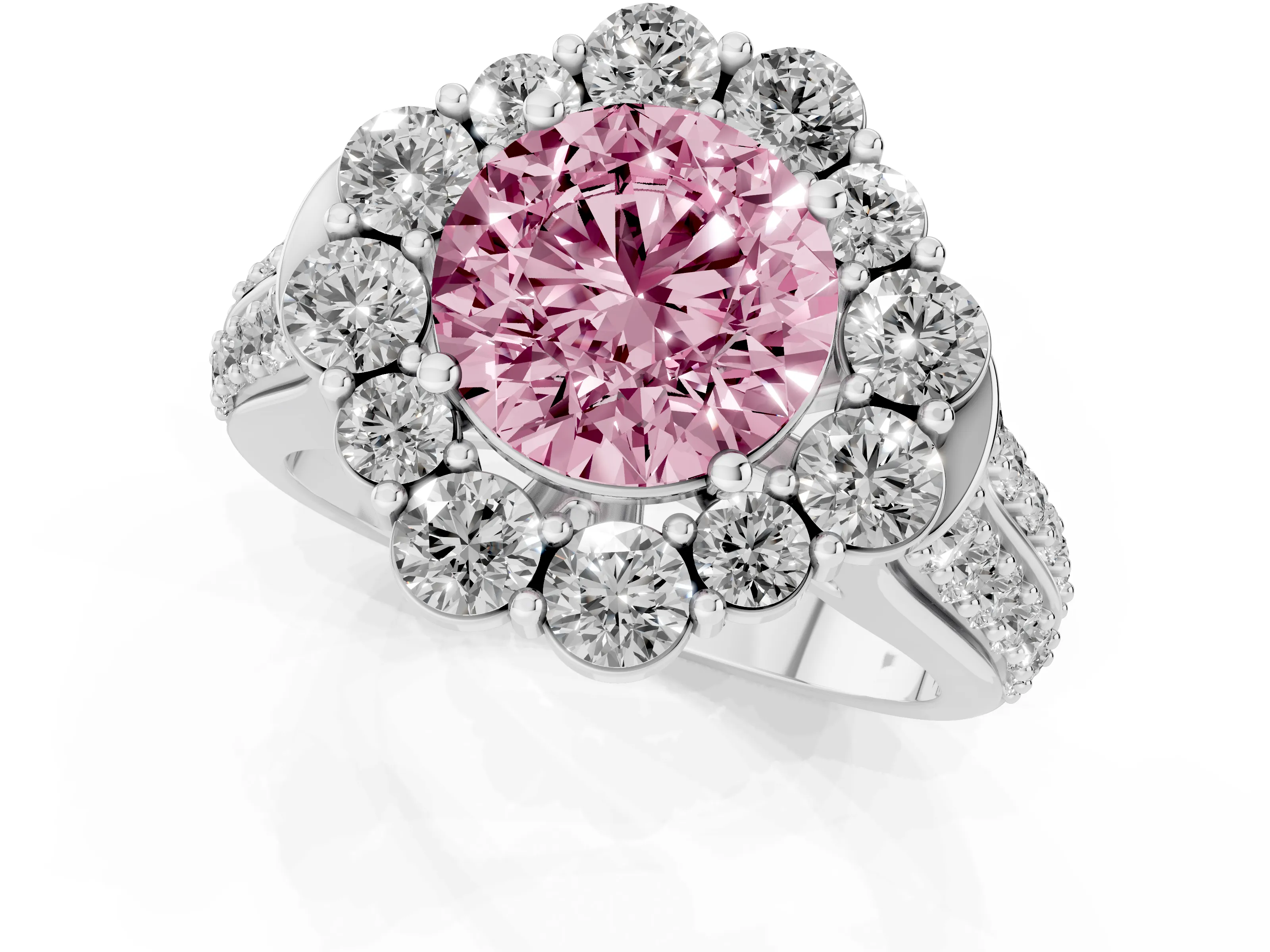 Fancy Pink Round Cut Diamond Halo Engagement Ring Set in Platinum with Split Shank and Prong Setting