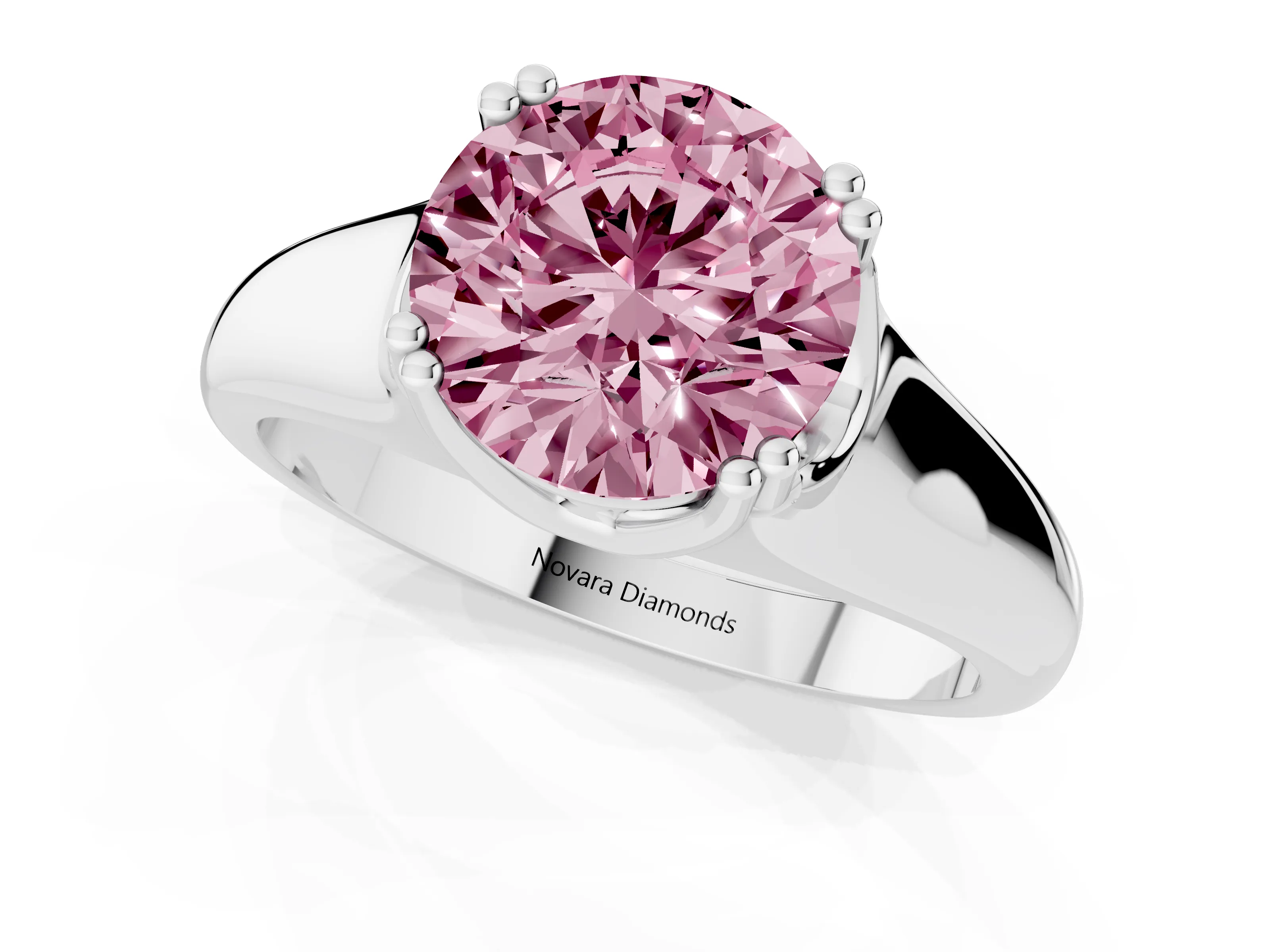 Fancy Pink Round Cut Diamond Solitaire Ring Set in Platinum with Wide Band and Prong Setting