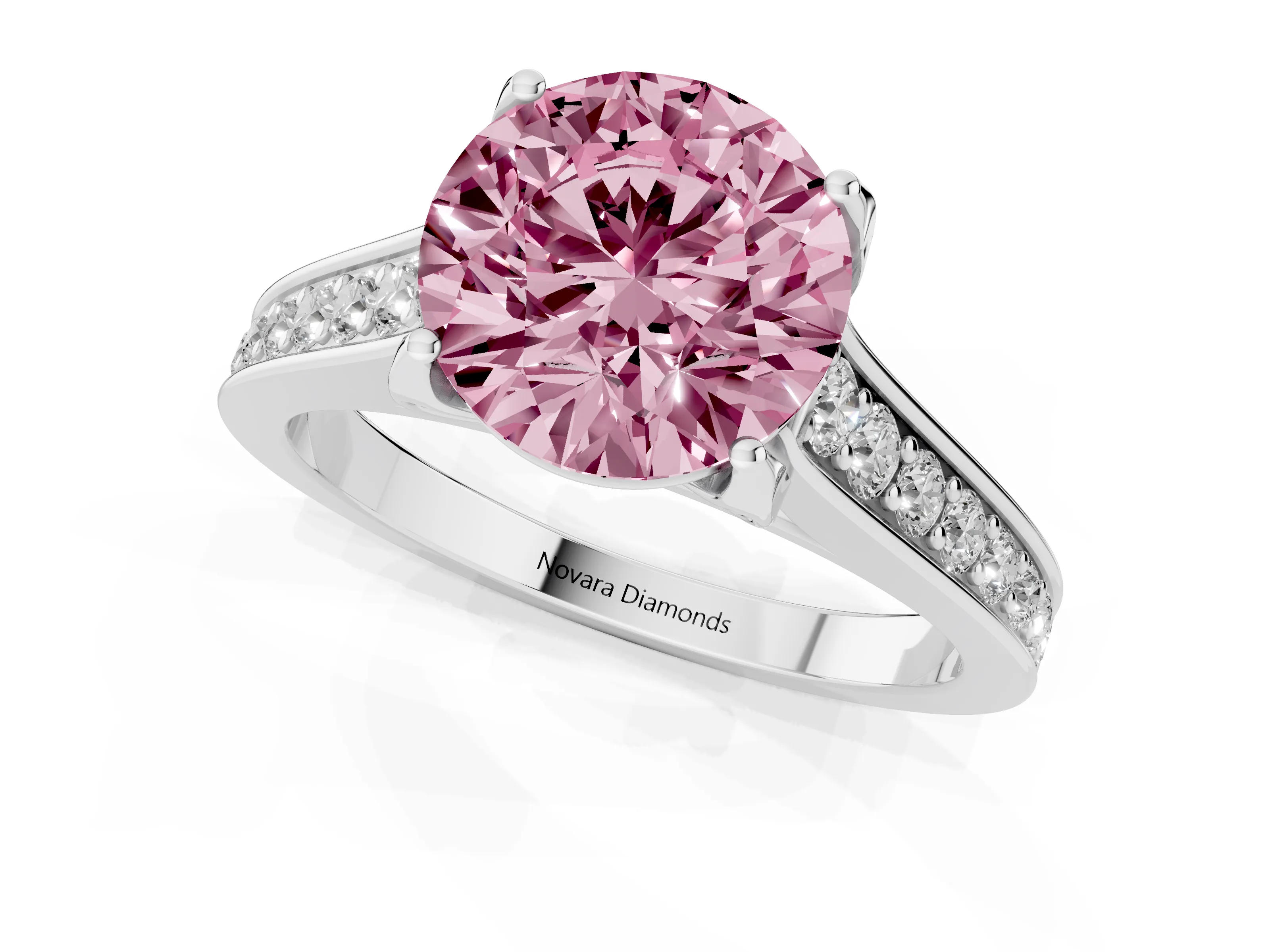 Fancy Pink Round Cut Diamond Solitaire Pavé Engagement Ring Set in White gold with Prong Setting