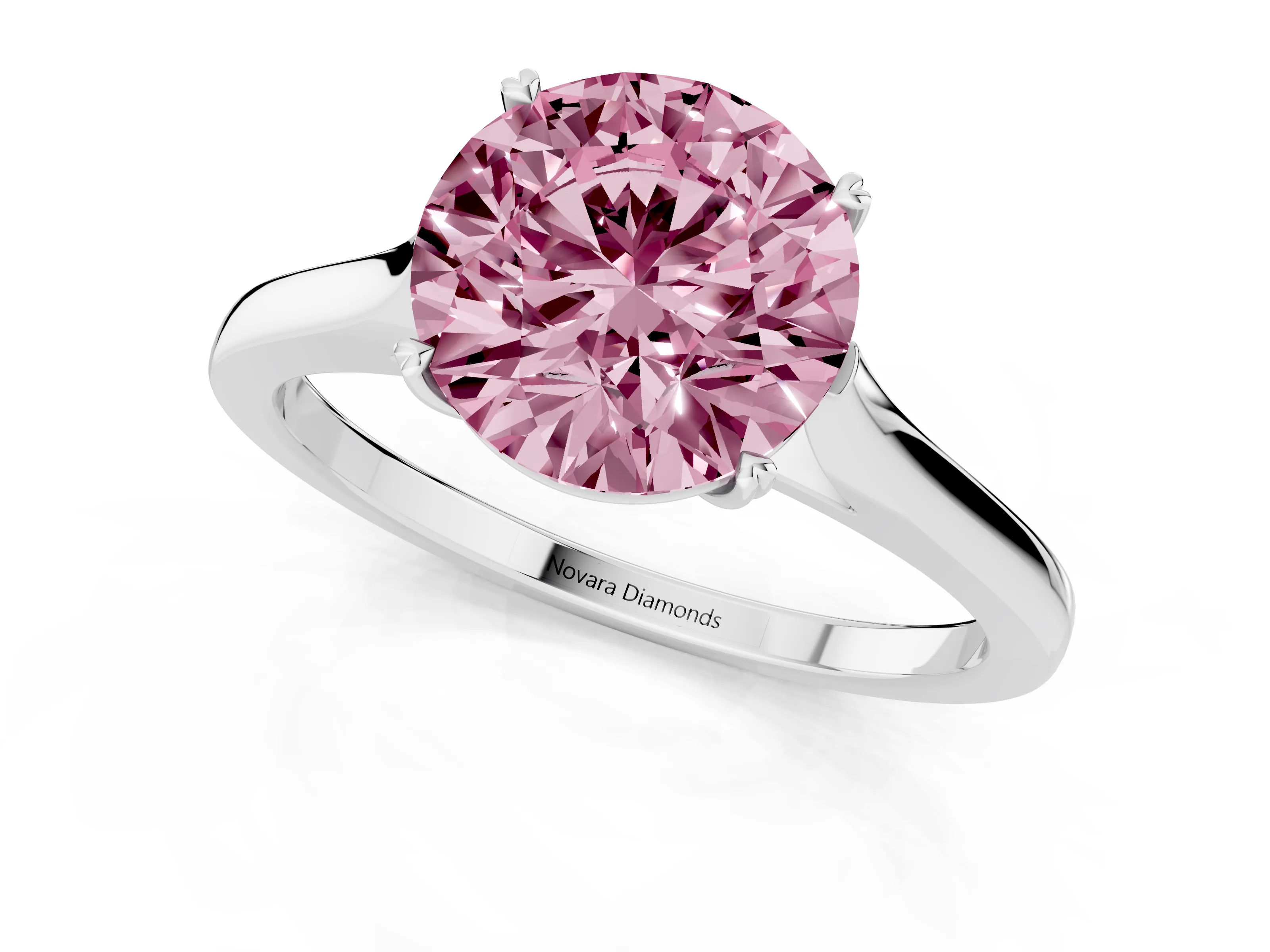 Fancy Pink Round Cut Diamond Solitaire Heart Prong Engagement Ring Set in Platinum with Tapered Band