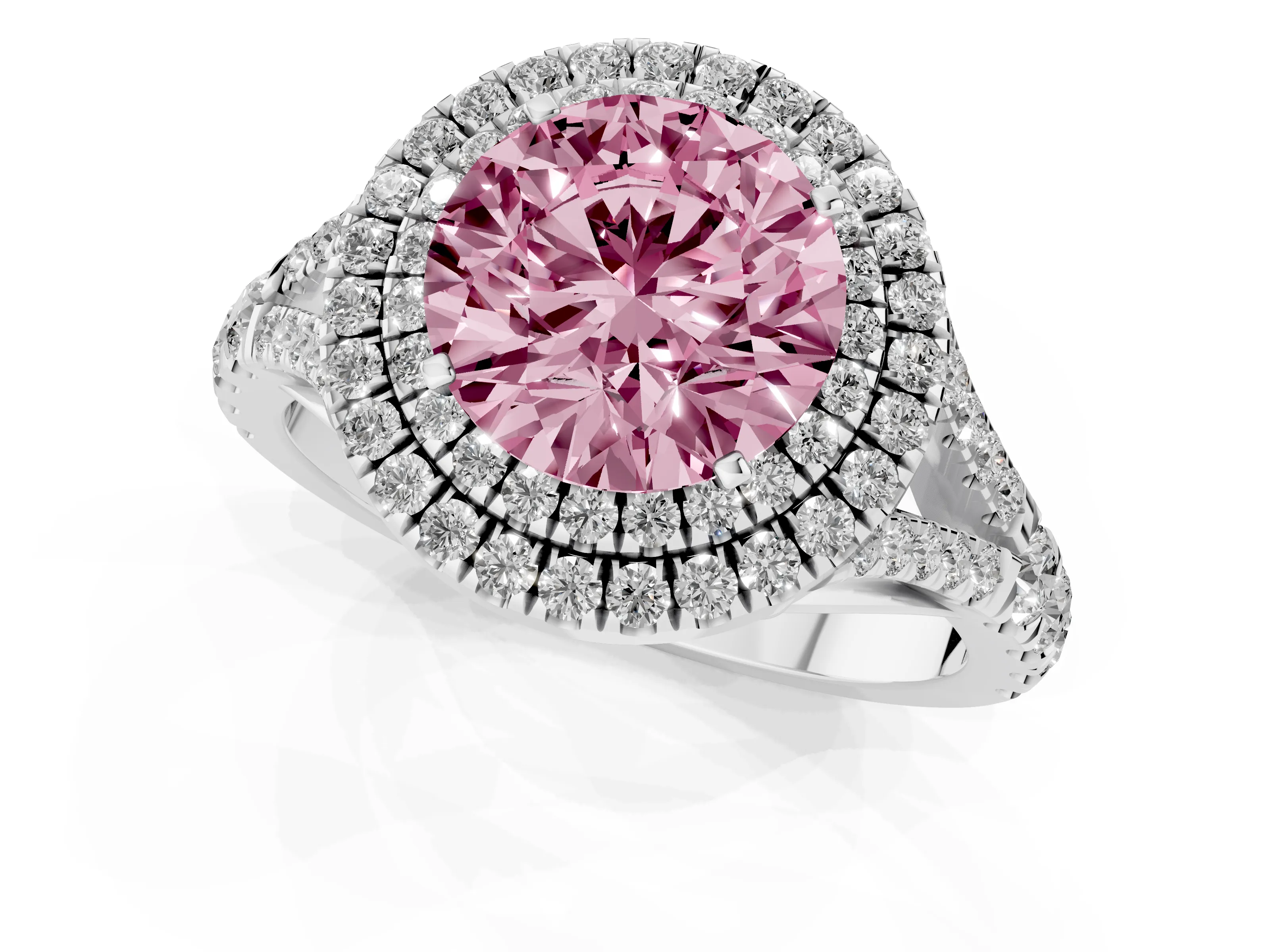 Fancy Pink Round Cut Diamond Pavé Split Shank Double Halo Engagement Ring Set in Silver