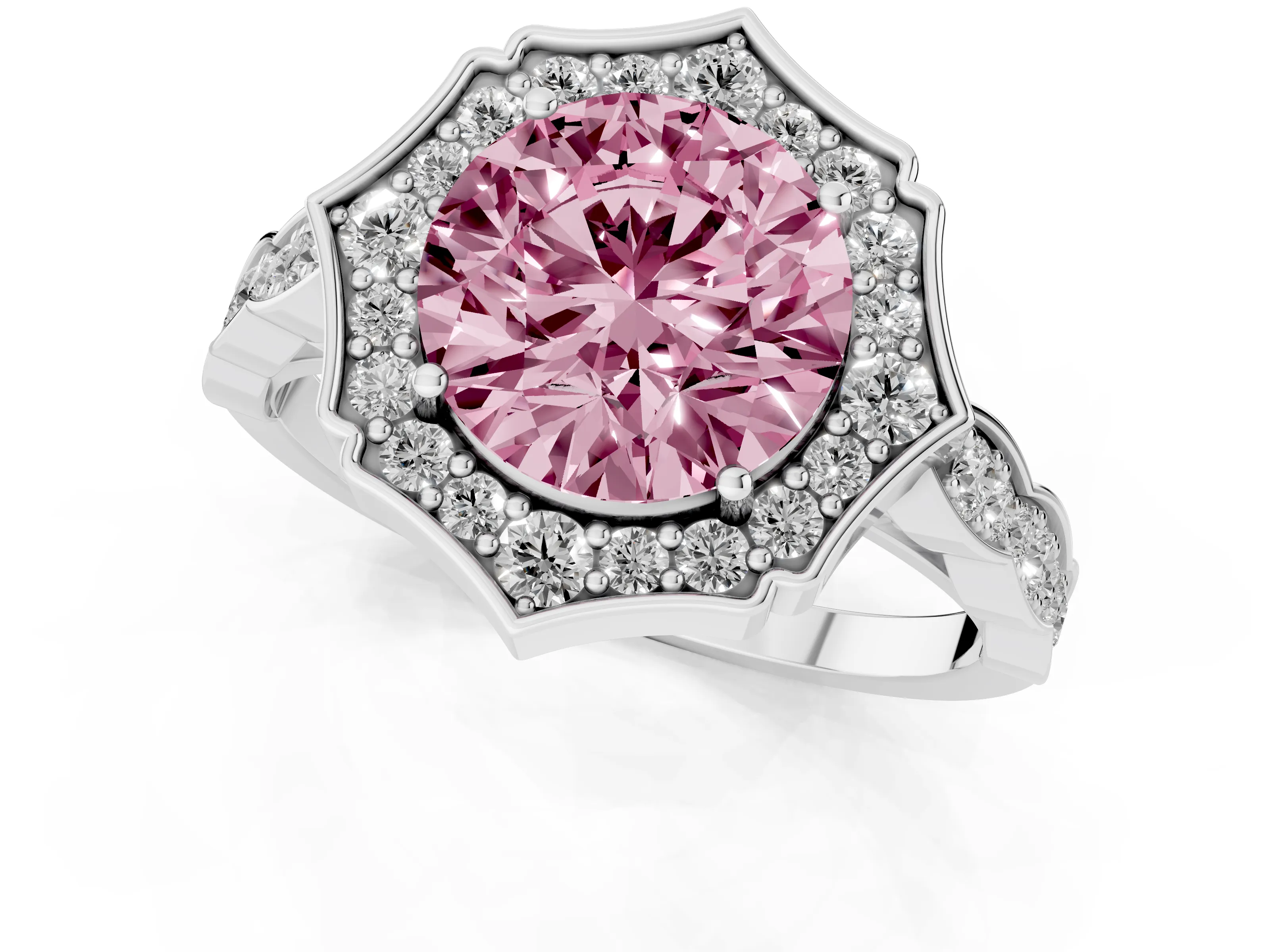 Fancy Pink Round Cut Diamond Halo Engagement Ring Set in Platinum with Milgrain Band and Prong Setting – second view