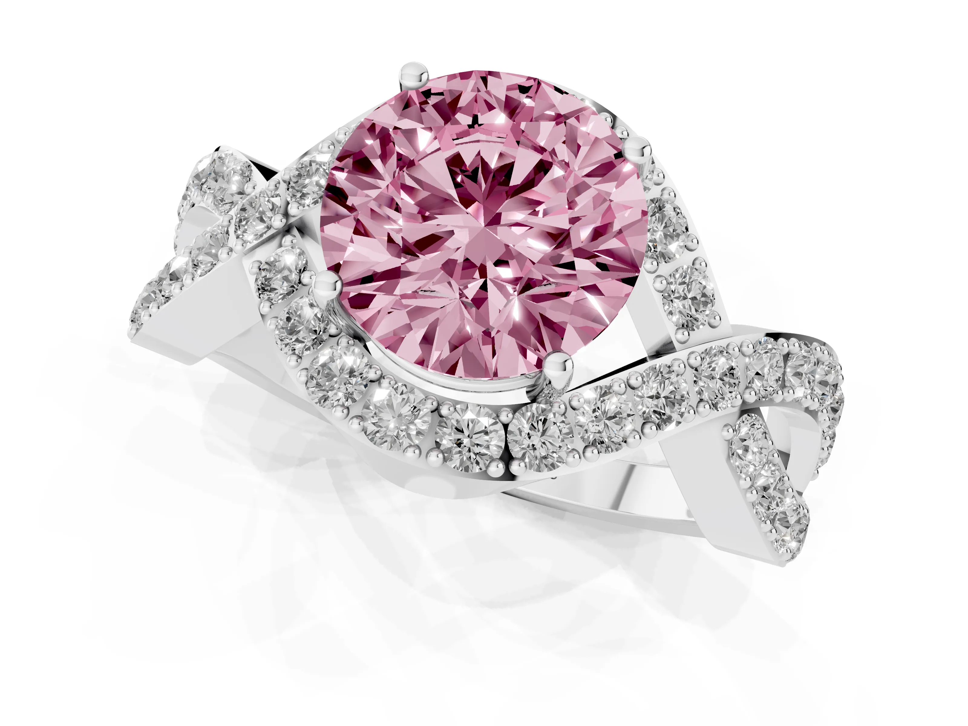 Fancy Pink Round Cut Diamond Solitaire Twist Band Pavé Engagement Ring Set in White gold