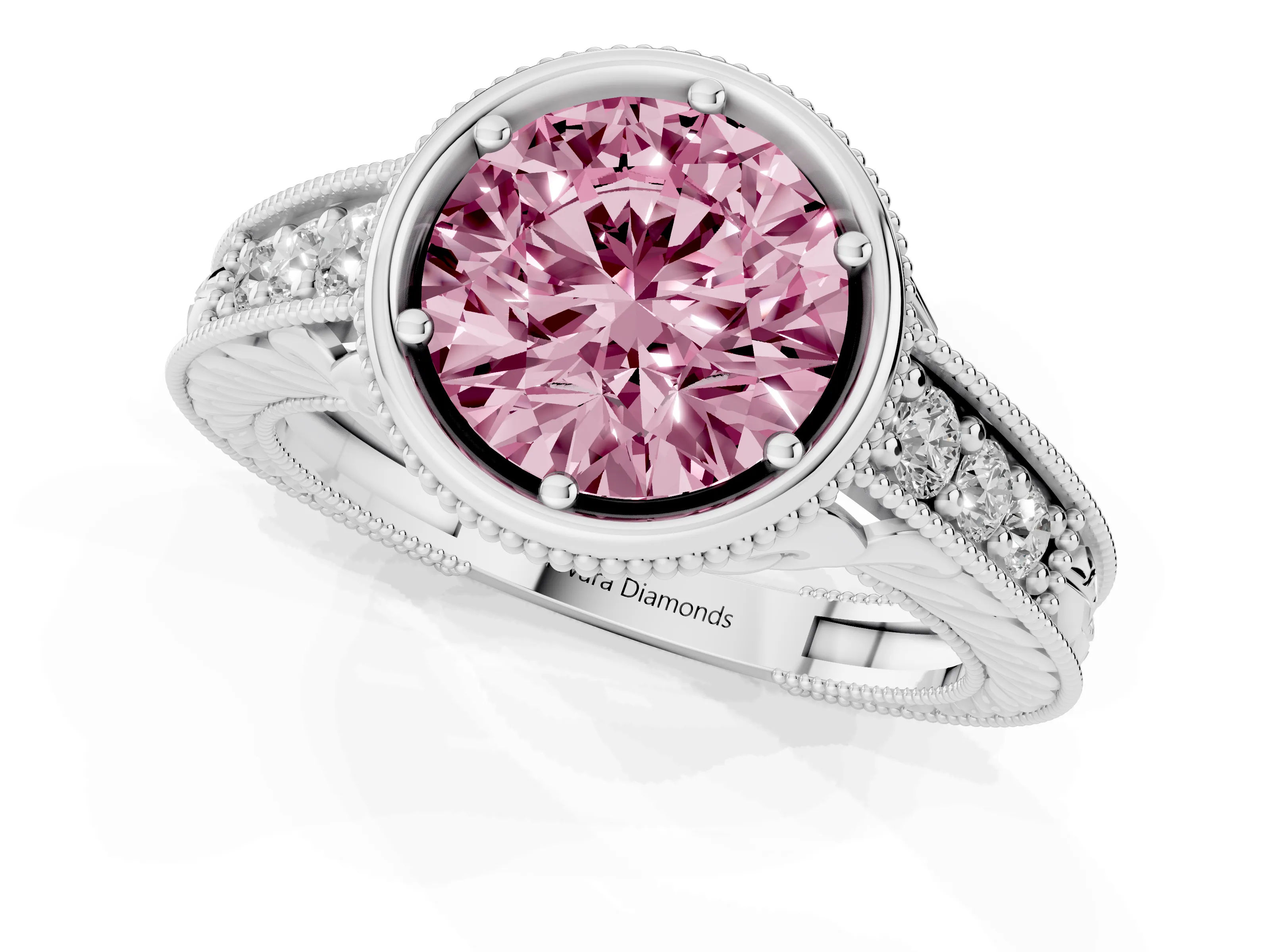 Fancy Pink Bezel Set Round Cut Diamond Milgrain Pavé Engagement Ring Set in White gold