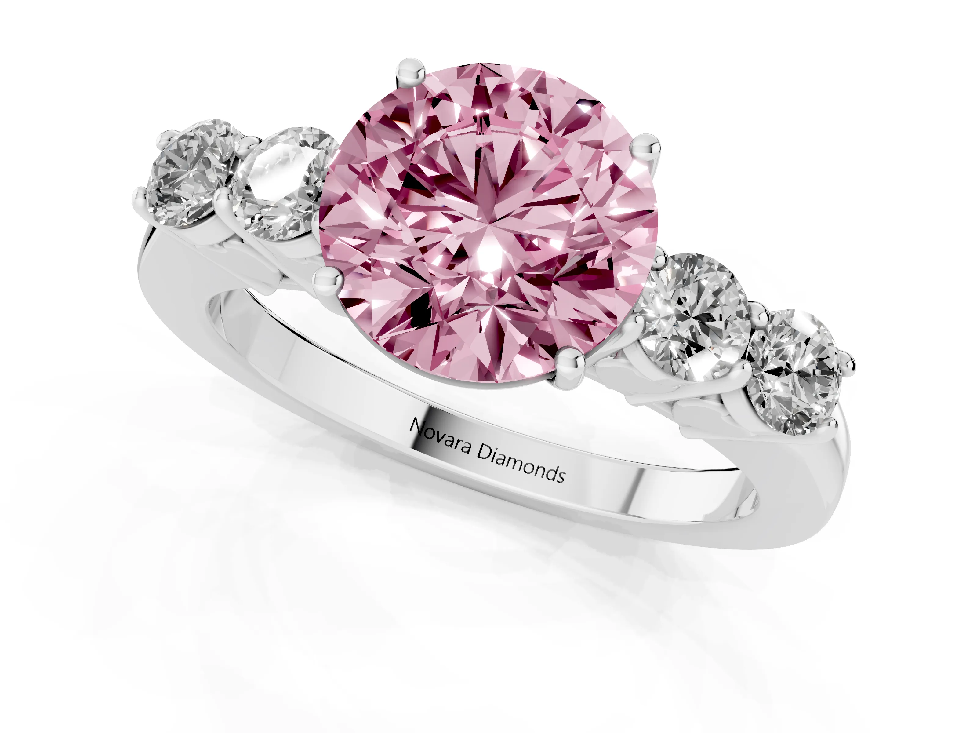 Fancy Pink Round Cut Diamond Five-Stone Prong Set Band Ring Set in Silver with Polished Band