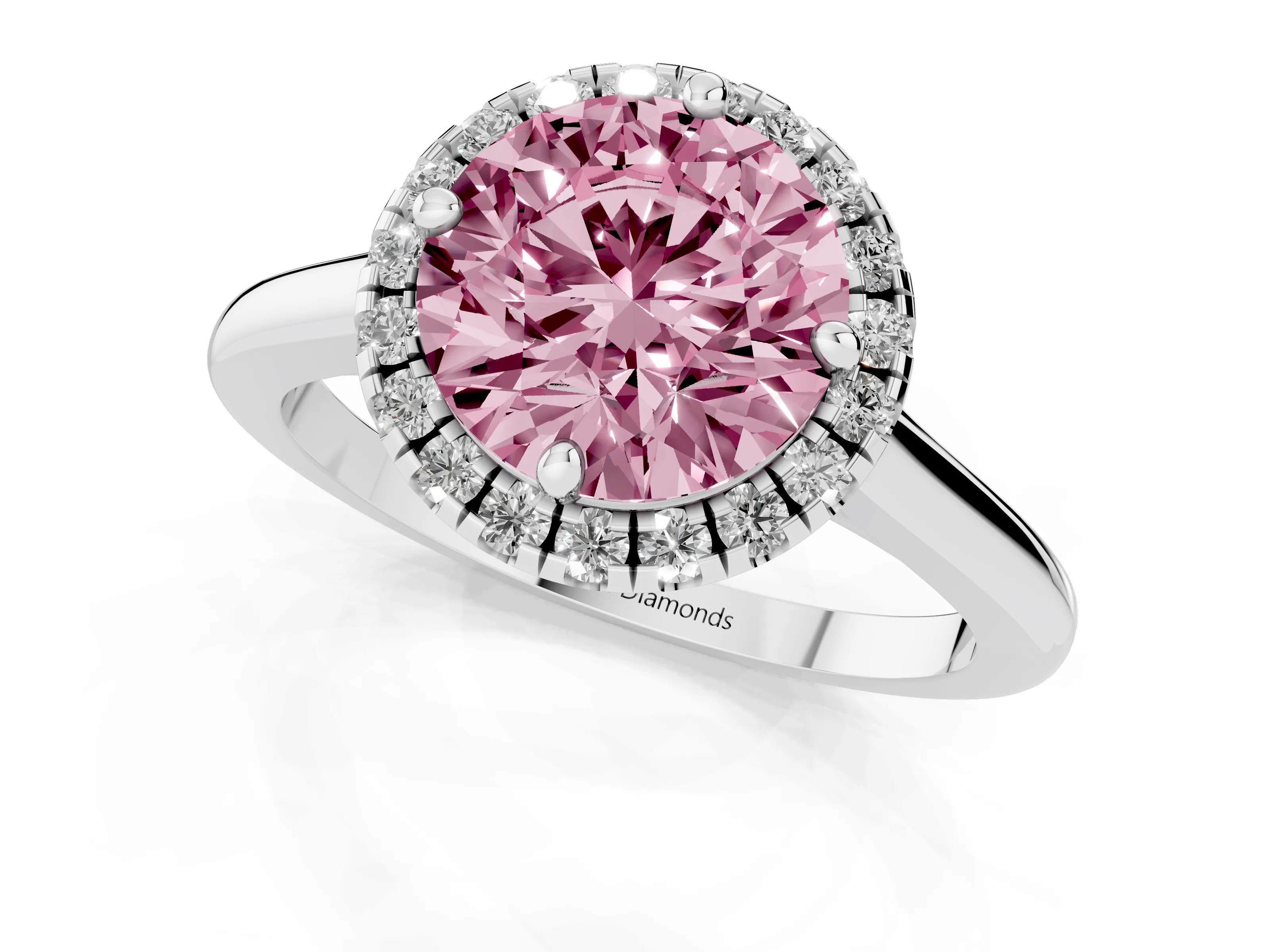 Fancy Pink Round Cut Diamond Halo Engagement Ring Set in Platinum with Pavé Band and Rising Shoulders