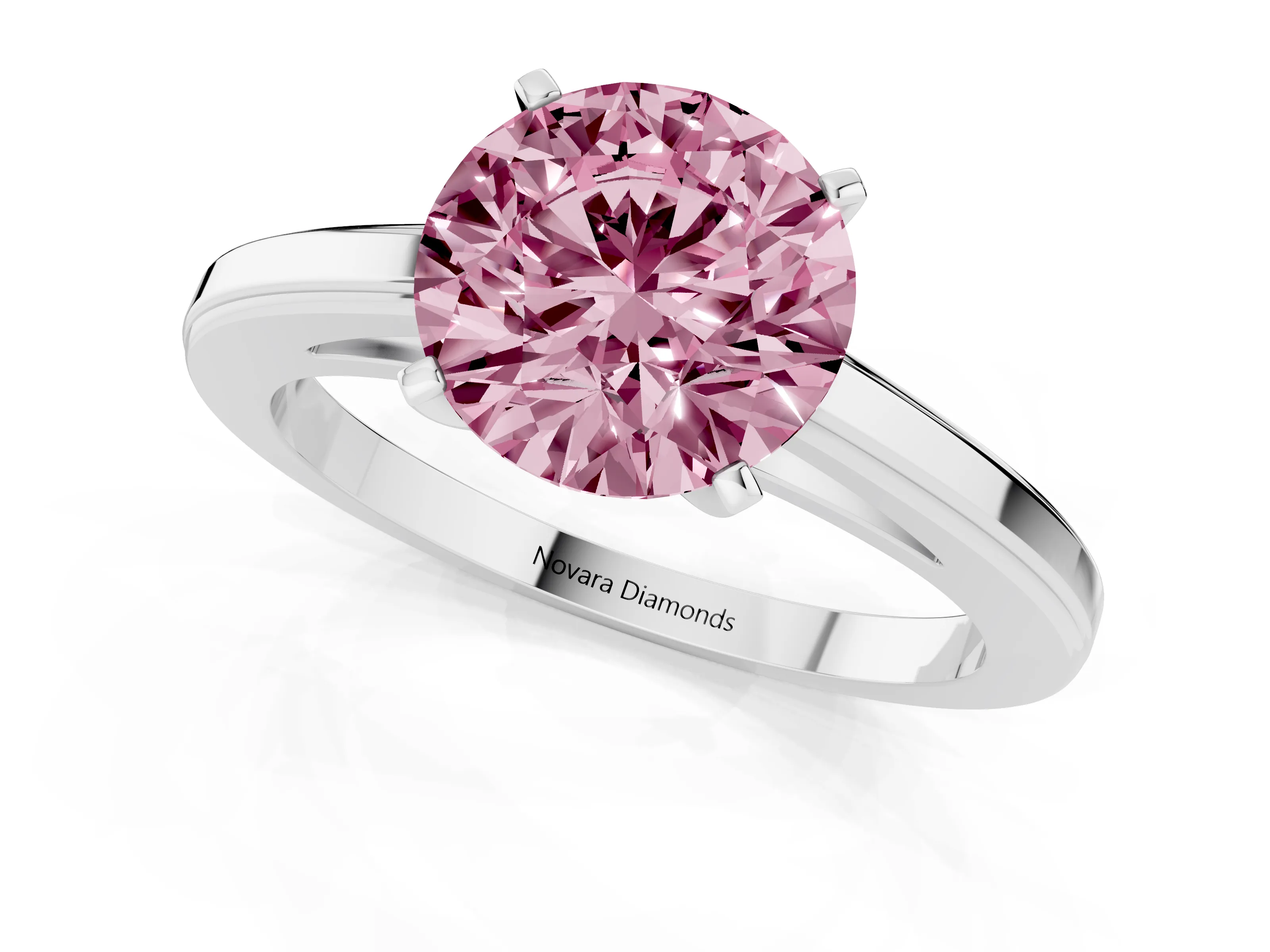 Fancy Pink Round Cut Diamond Solitaire Ring Set in Platinum with Prong Setting and Classic Band