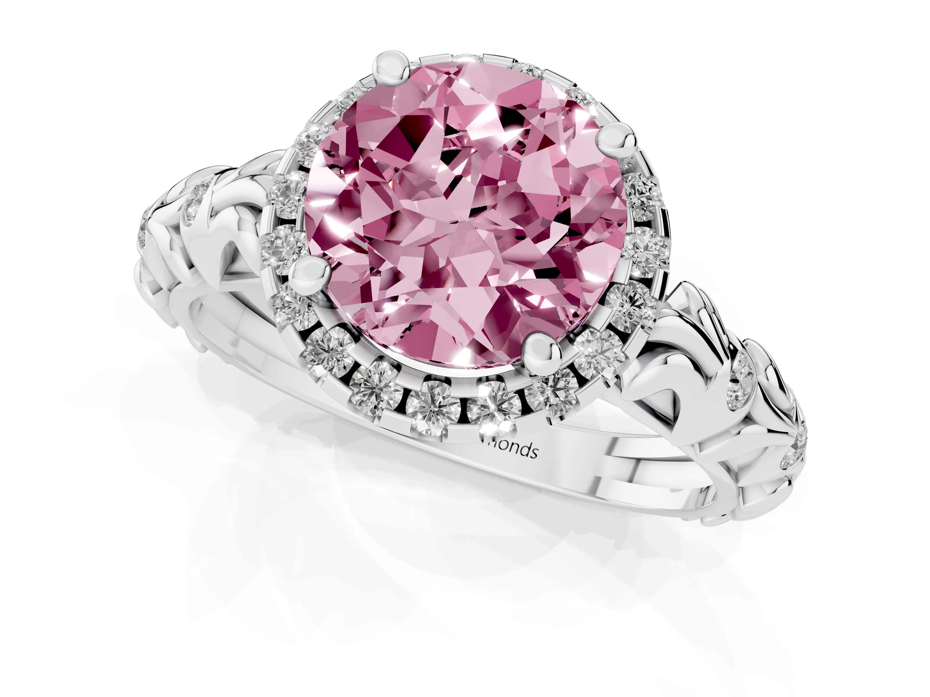 Fancy Pink Round Cut Diamond Halo Ring Set in Platinum with Filigree Leaf Band and Prong Setting