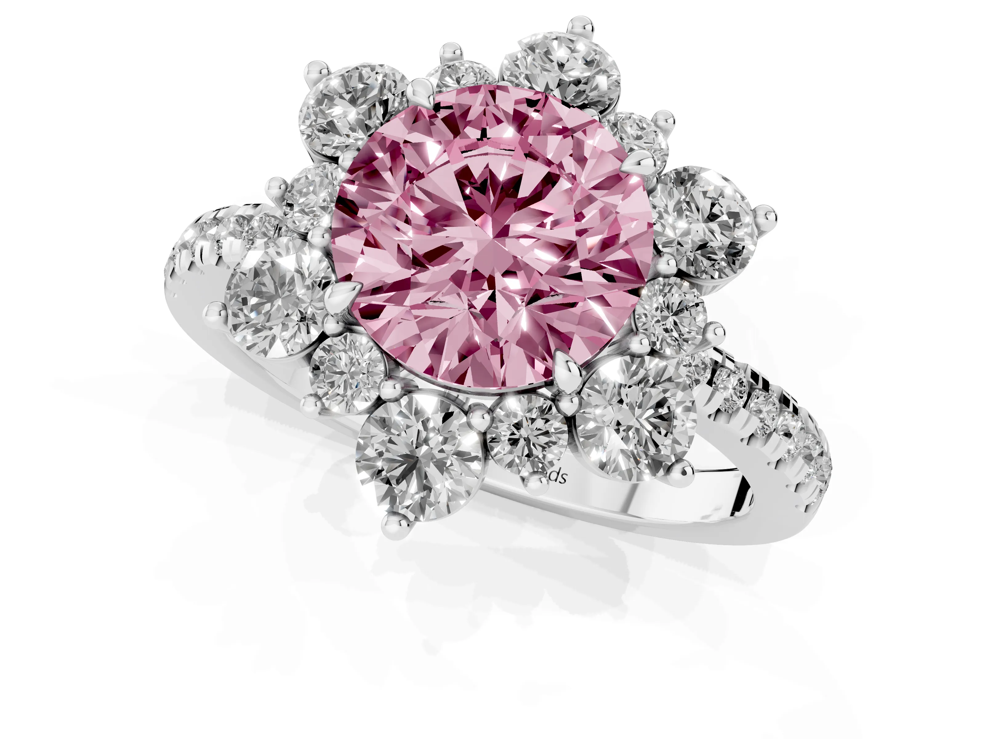 Fancy Pink Round Cut Diamond Floral Halo Ring Set in Platinum with Round Pavé Band and Prong Setting