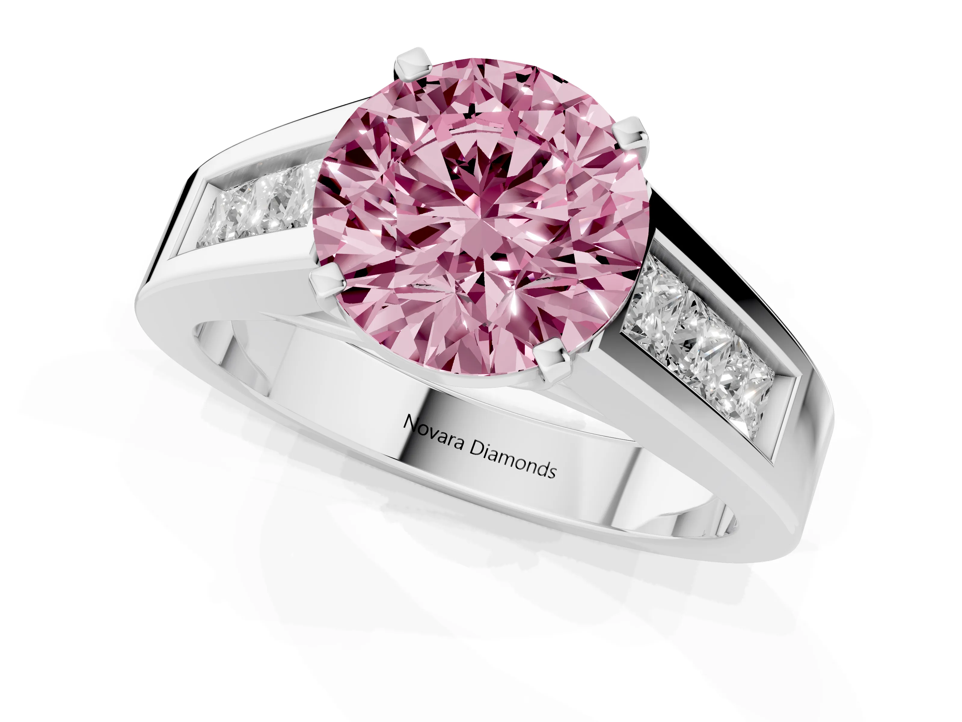 Fancy Pink Round Cut Diamond Solitaire Ring Set in Silver with Channel-Set Accent Stones and Prong Setting