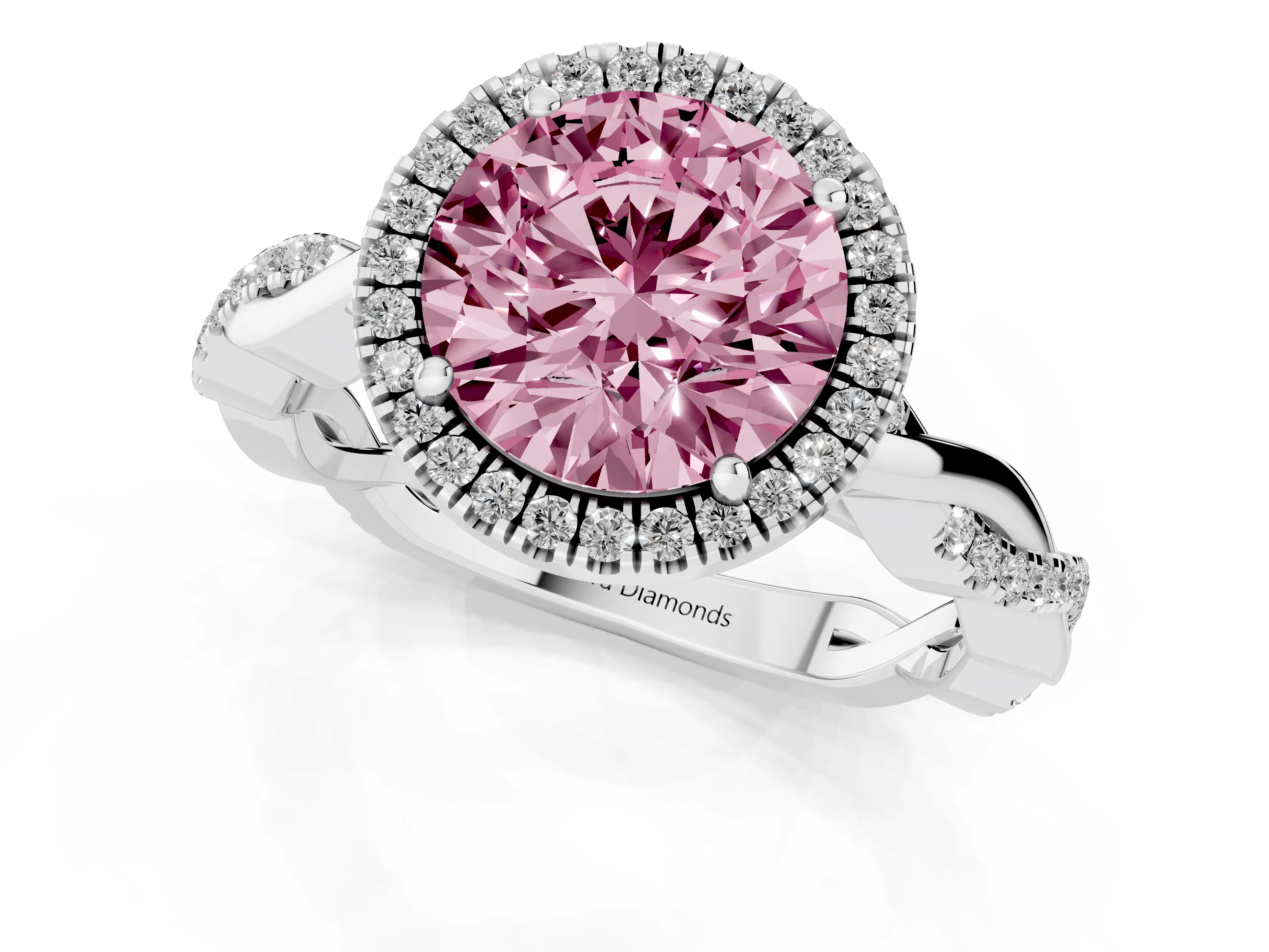 Fancy Pink Round Cut Diamond Halo Twisted Band Ring Set in Silver with Prong Setting