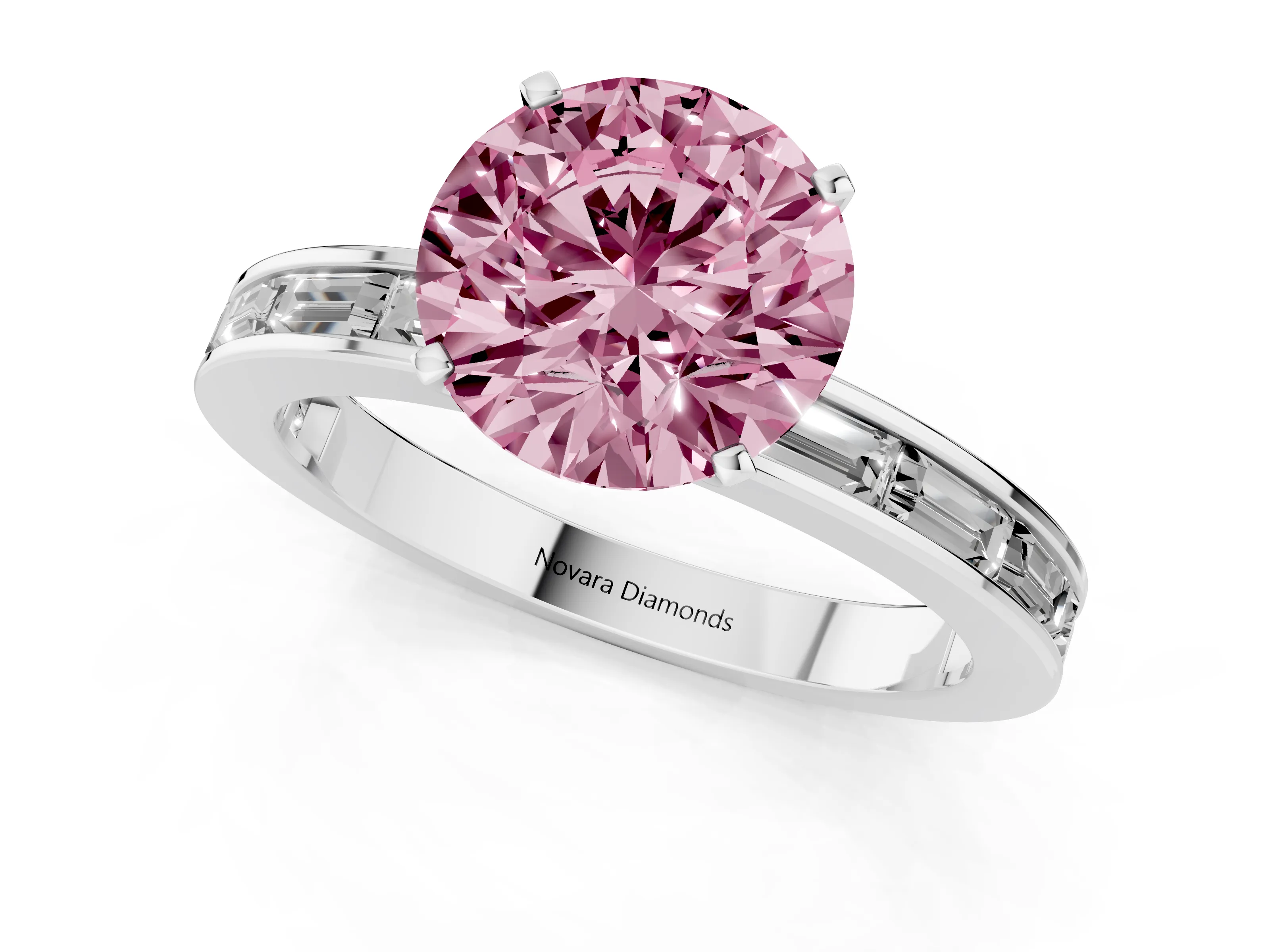 Fancy Pink Round Cut Diamond Solitaire Ring Set in Silver with Channel-Set Baguette Band and Prong Setting