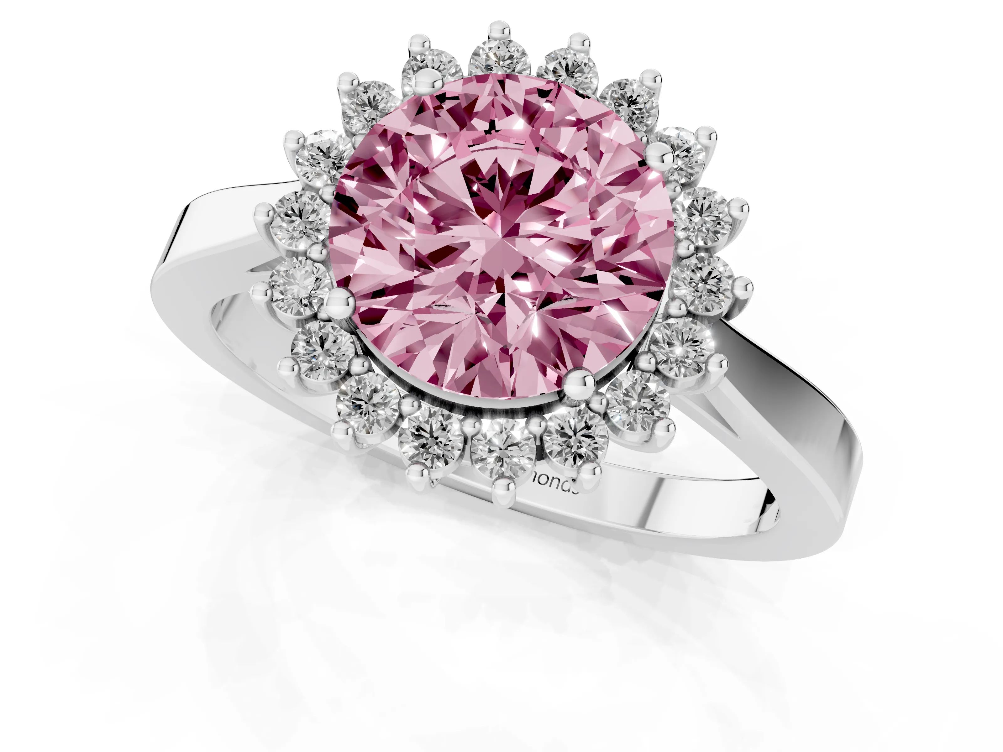 Fancy Pink Round Cut Diamond Halo Ring Set in Platinum with Round Halo and Smooth Solitaire Band