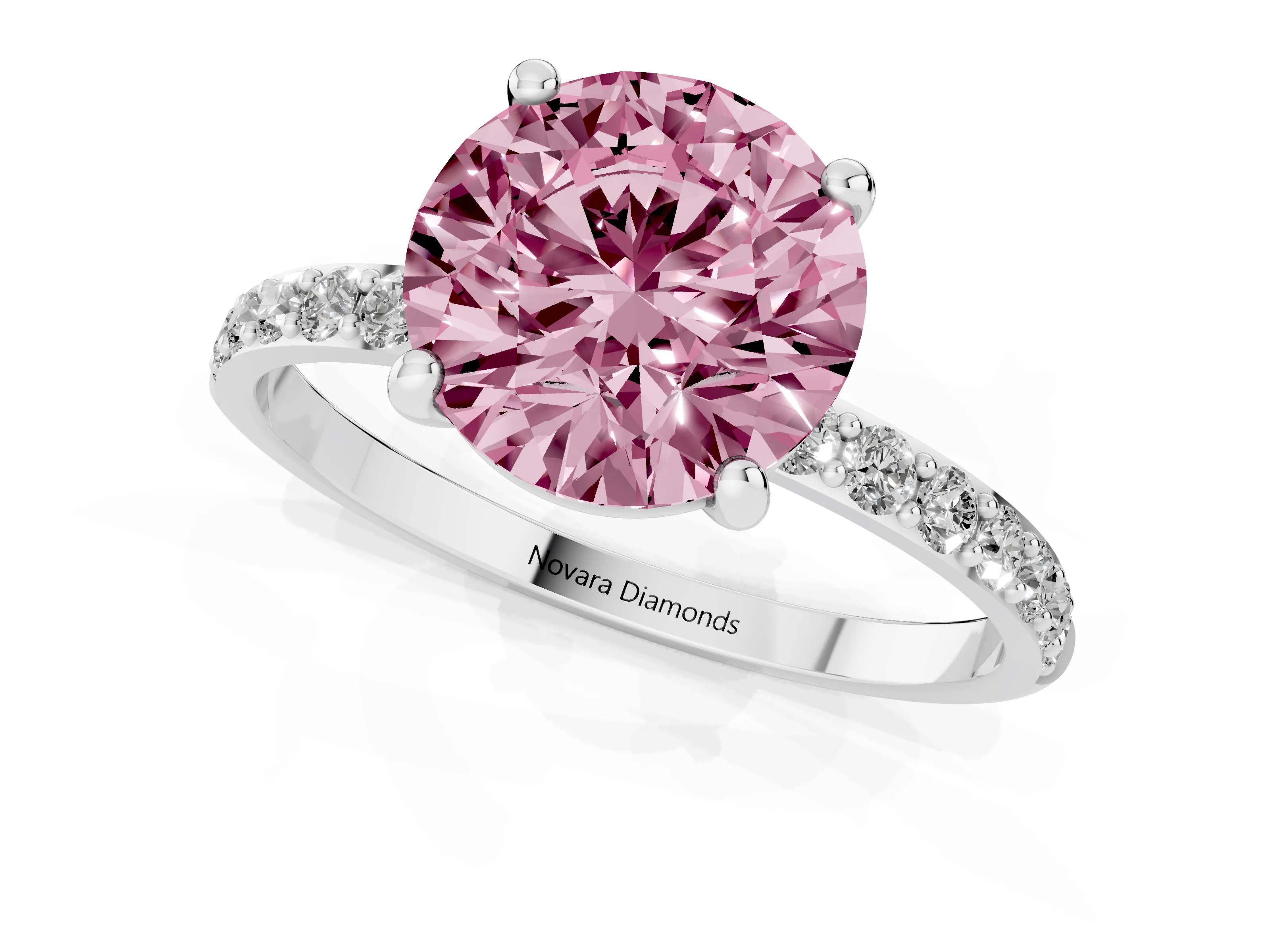 Fancy Pink Round Cut Diamond Solitaire Ring Set in Platinum with Round Pavé Band and Prong Setting