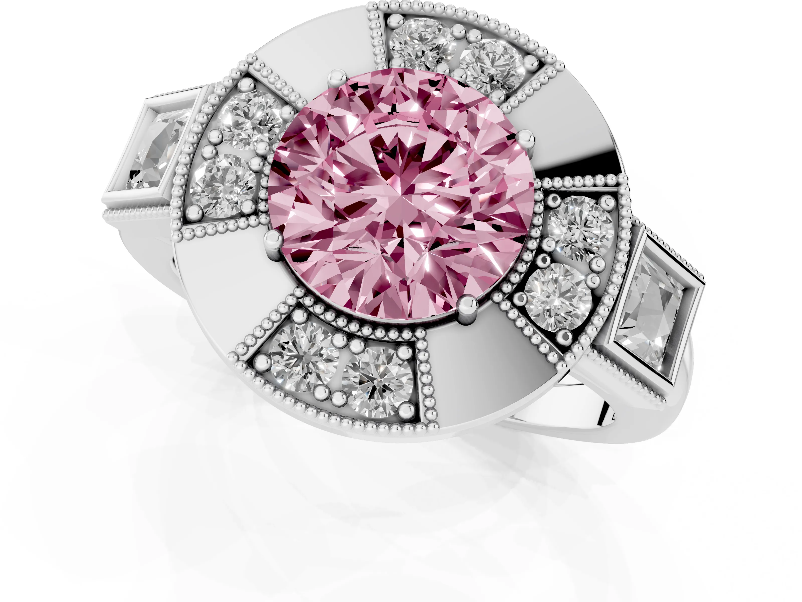 Fancy Pink Round Cut Diamond Milgrain Halo Ring Set in Platinum with Split Shank
