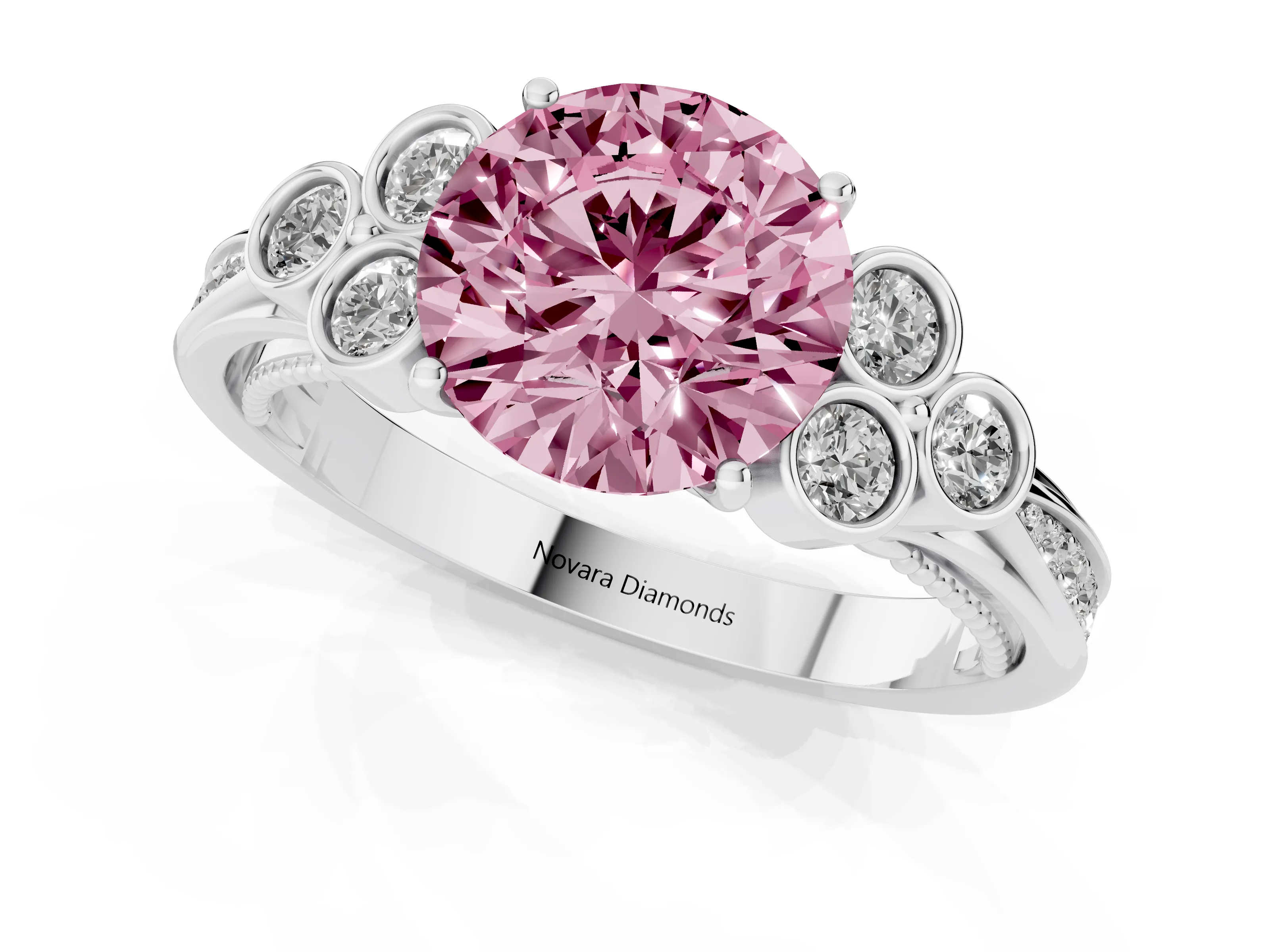 Fancy Pink Round Cut Diamond Engagement Ring Set in White gold with Bezel Set Round Side Stones and Prong Setting