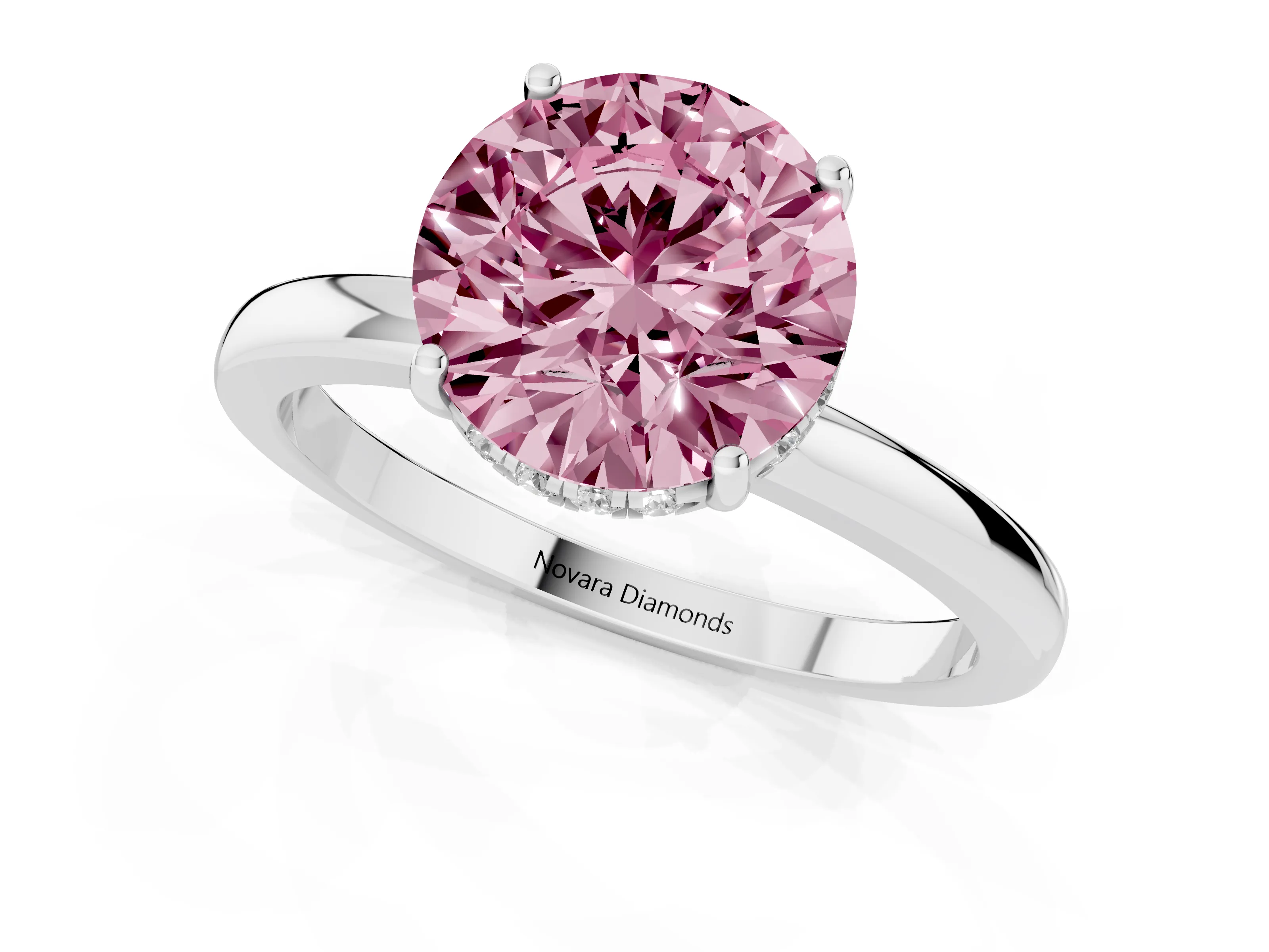Fancy Pink Round Cut Diamond Solitaire Ring Set in Silver with Plain Band and Prong Setting