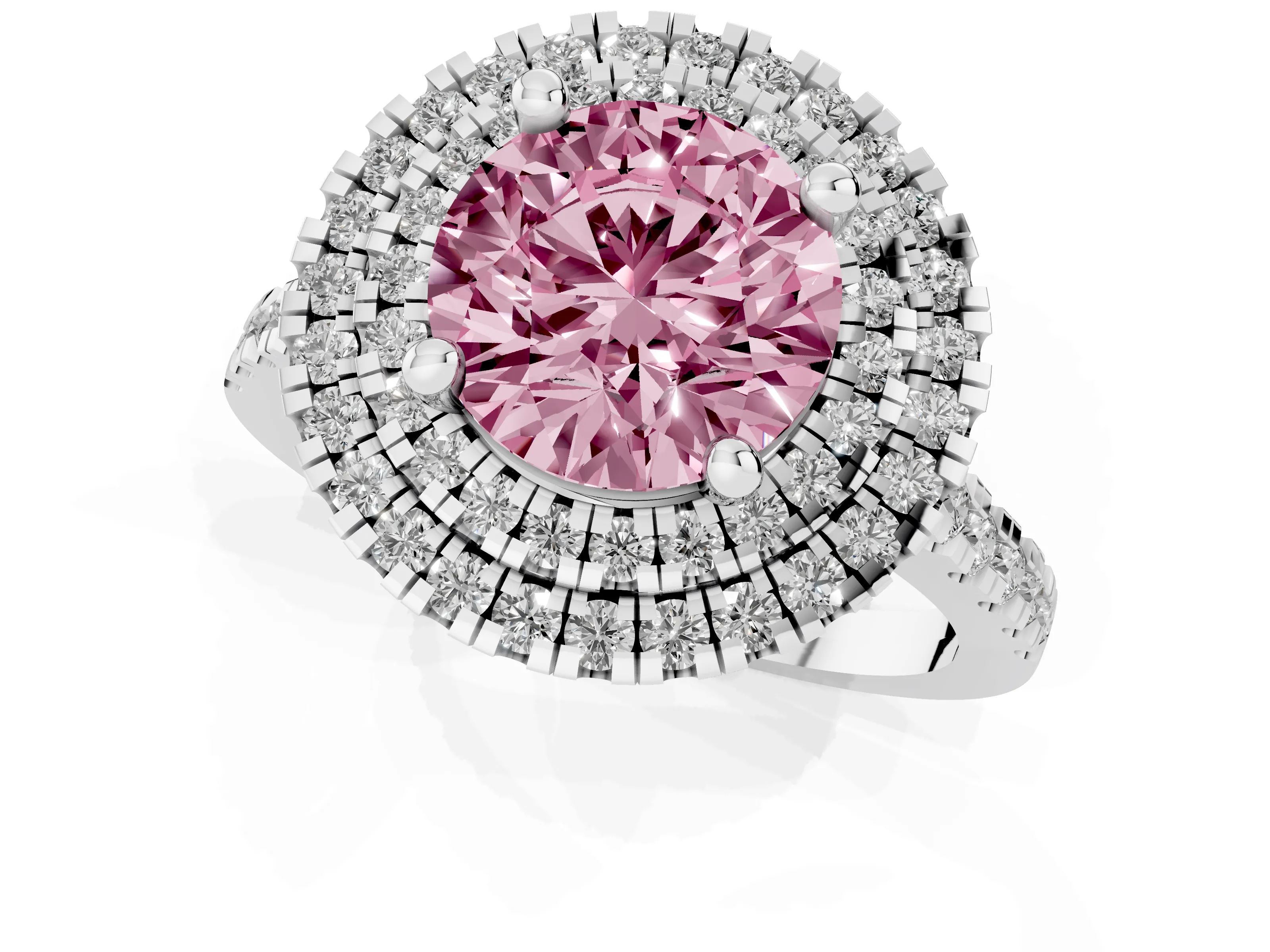 Fancy Pink Round Cut Diamond Double Halo Statement Ring Set in Silver with Pavé Band