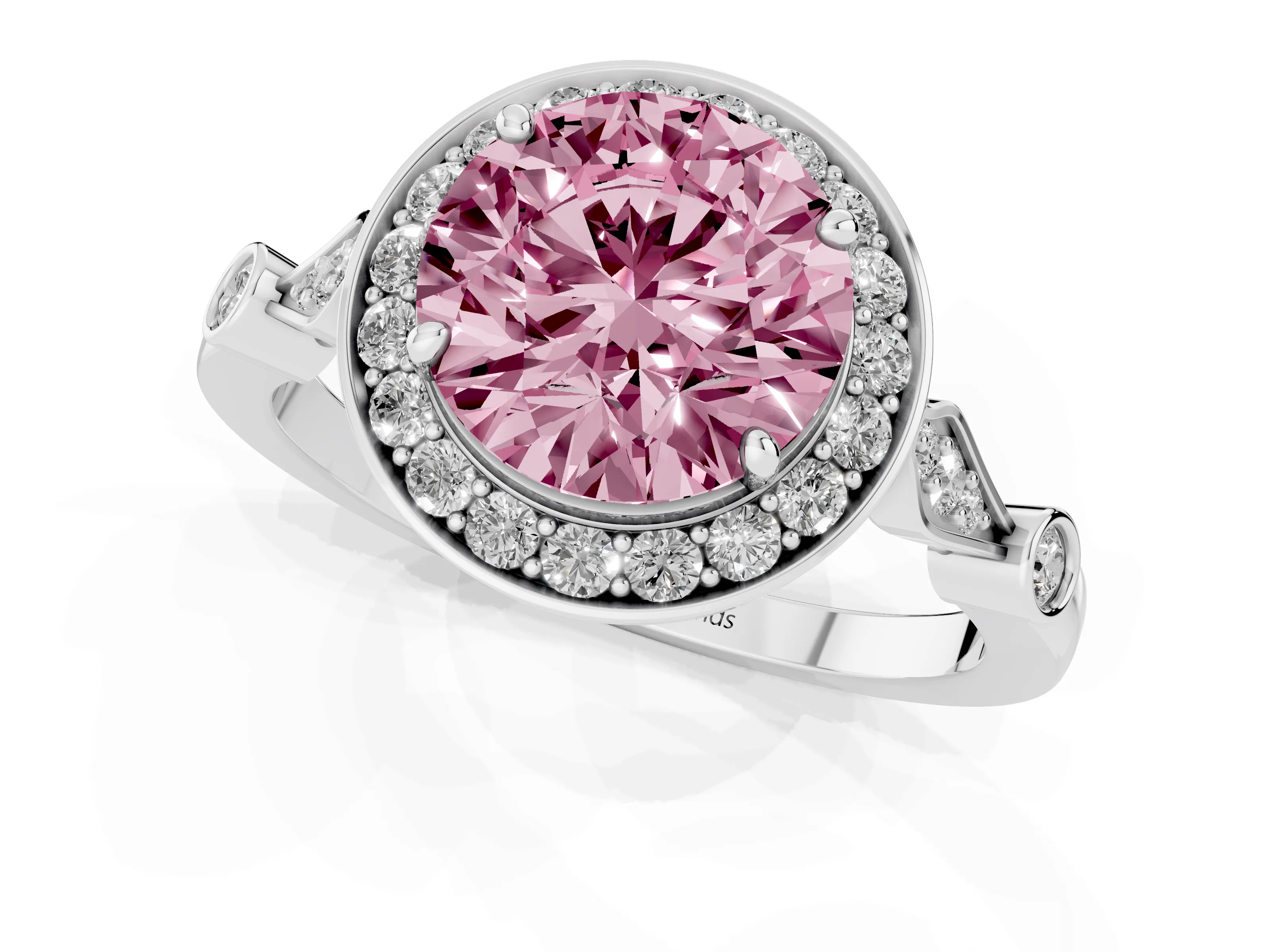 Fancy Pink Round Cut Diamond Halo Engagement Ring Set in Silver with Twisted Band and Prong Setting